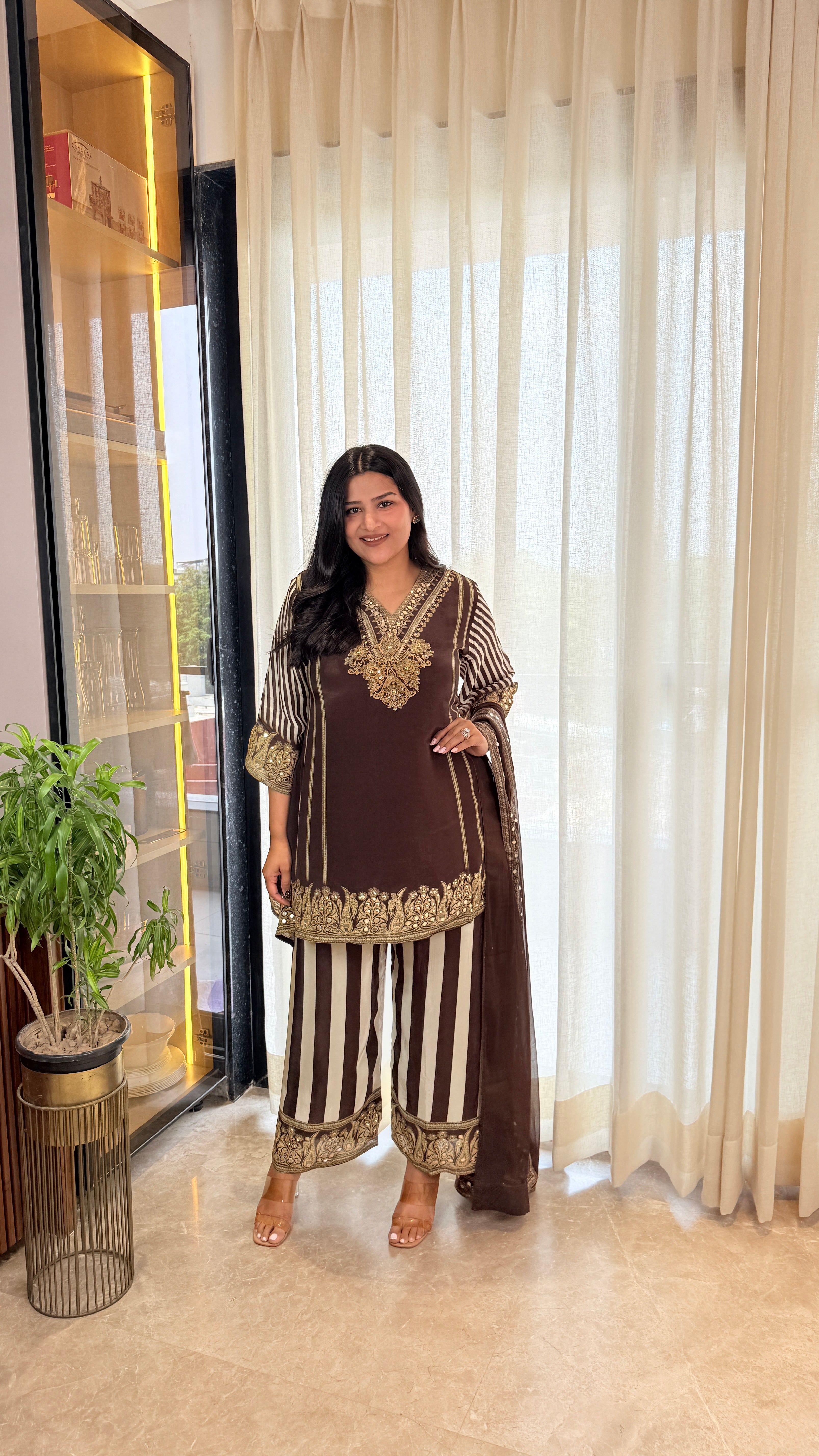 ⁠Deep Brown Crepe Suit Set shrisa.in