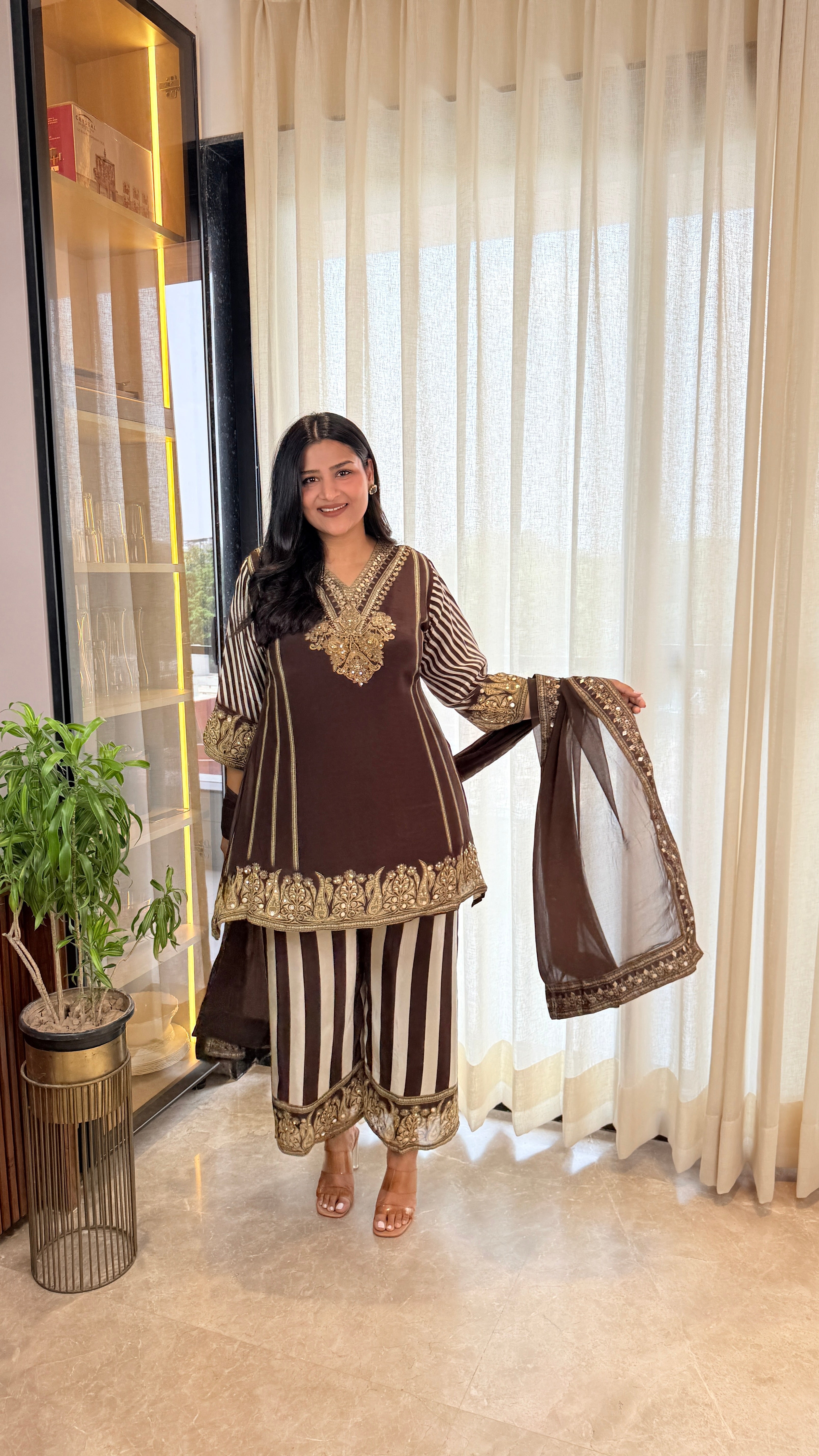 ⁠Deep Brown Crepe Suit Set shrisa.in