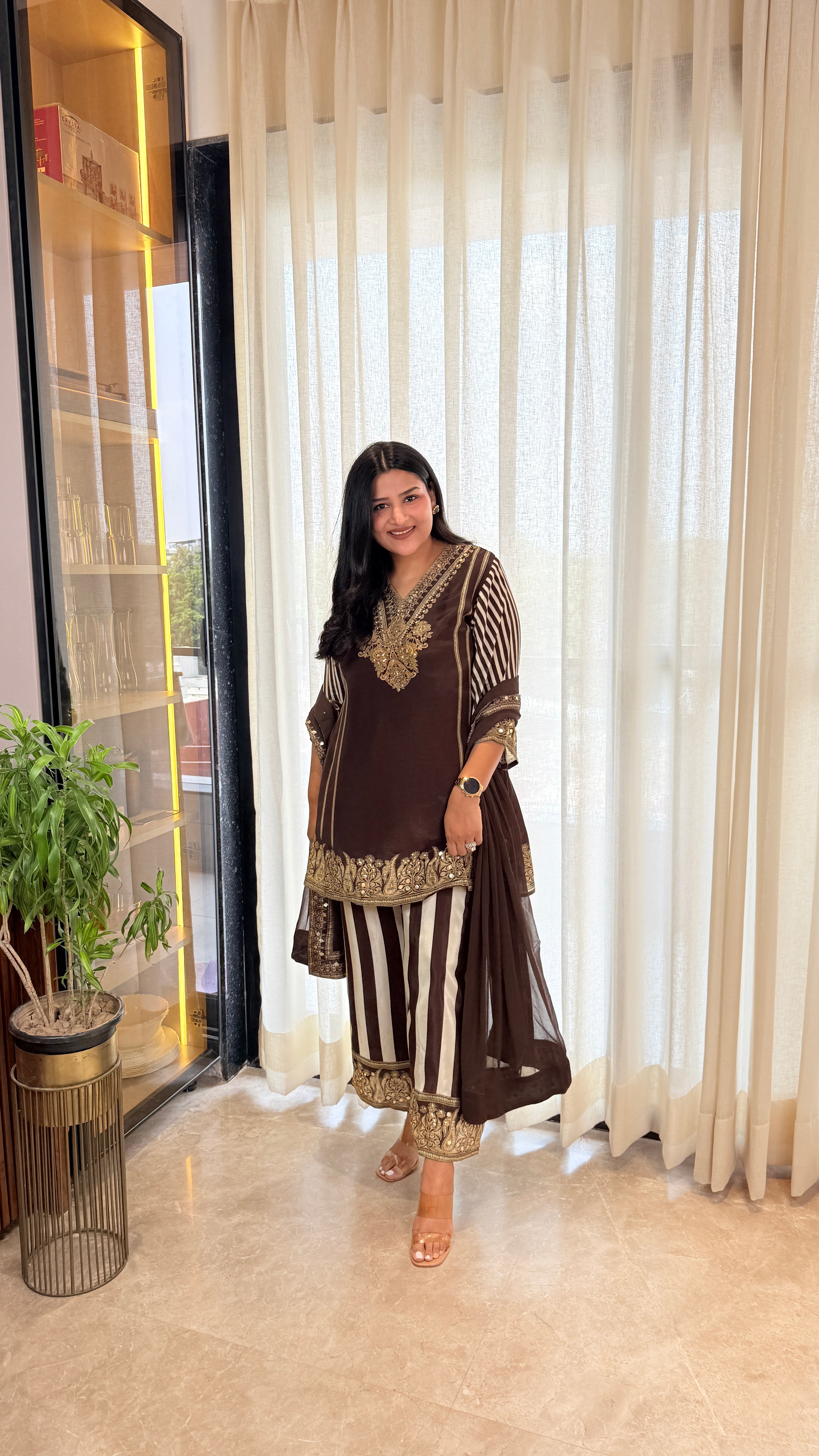 ⁠Deep Brown Crepe Suit Set shrisa.in
