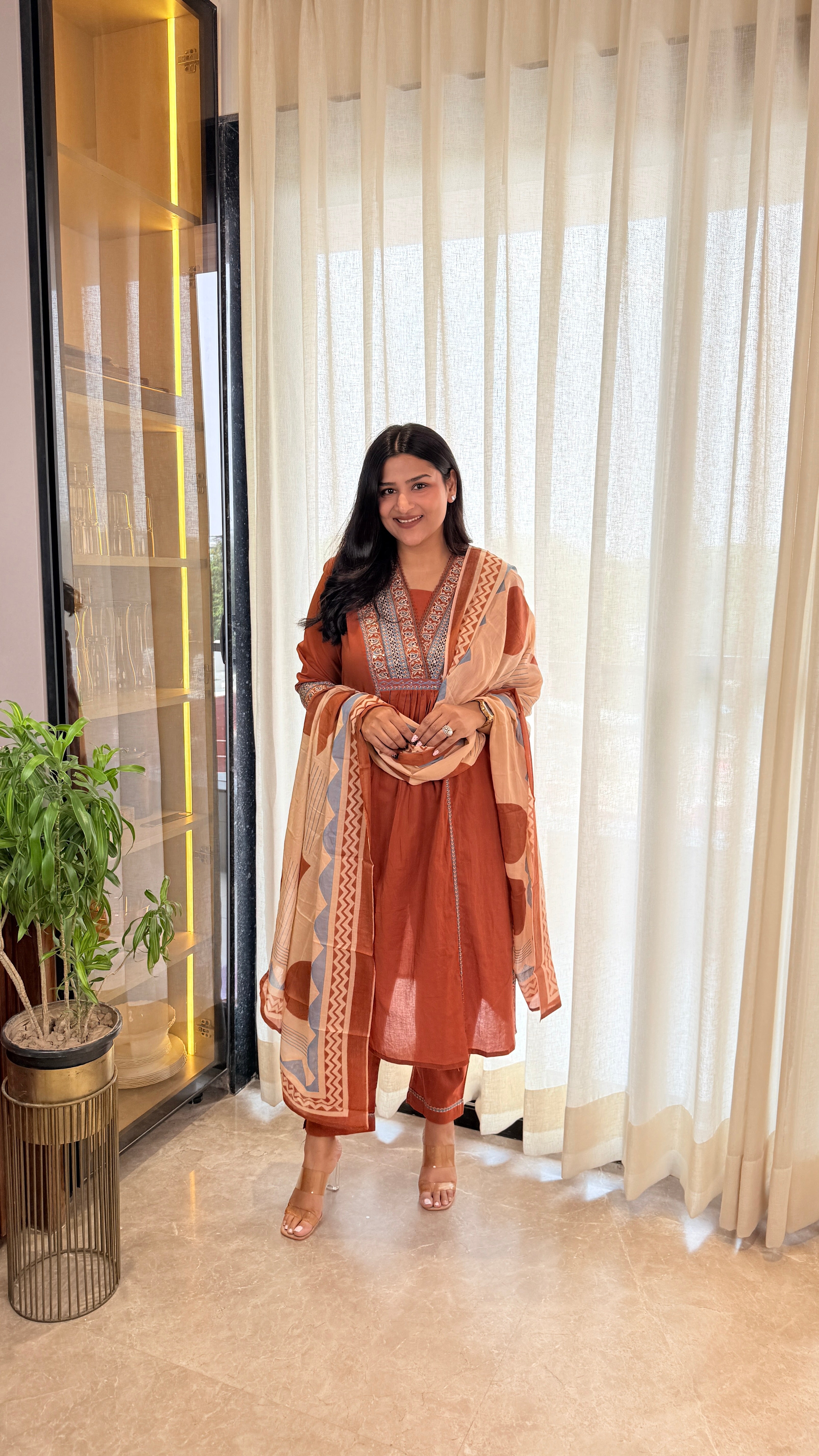 ⁠Rust V-Neck Cotton Suit Set shrisa.in