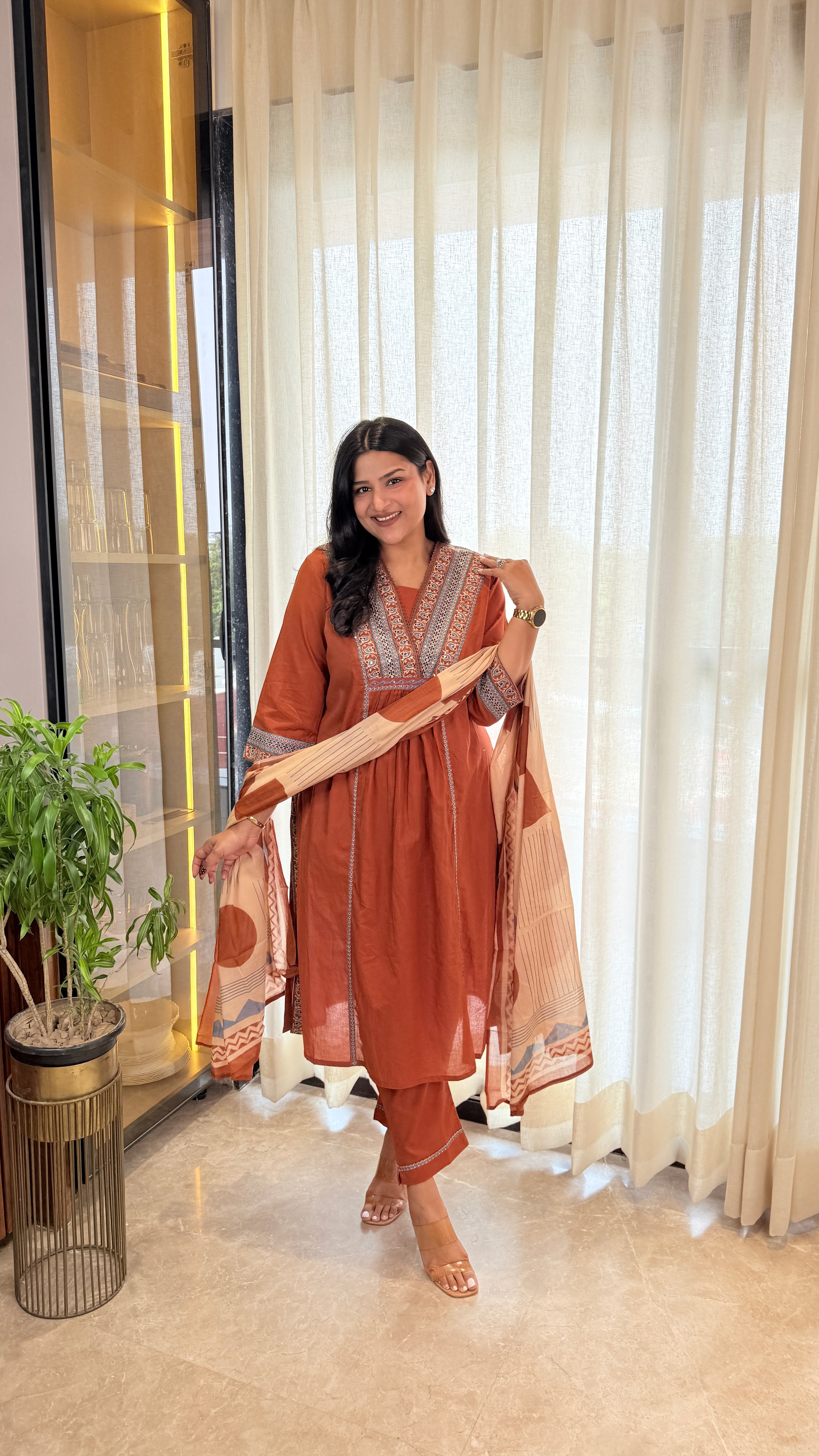 ⁠Rust V-Neck Cotton Suit Set shrisa.in