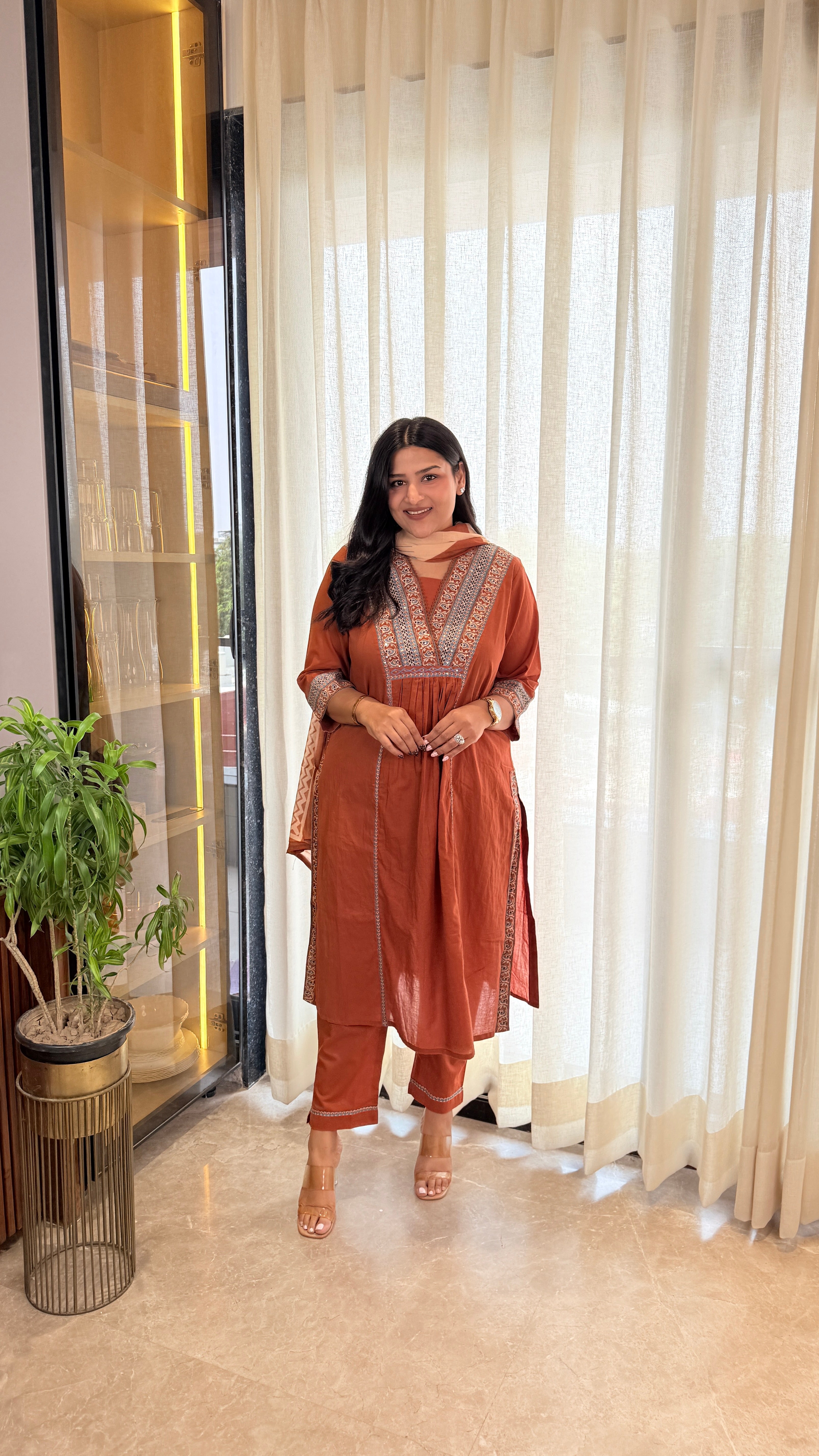 ⁠Rust V-Neck Cotton Suit Set shrisa.in