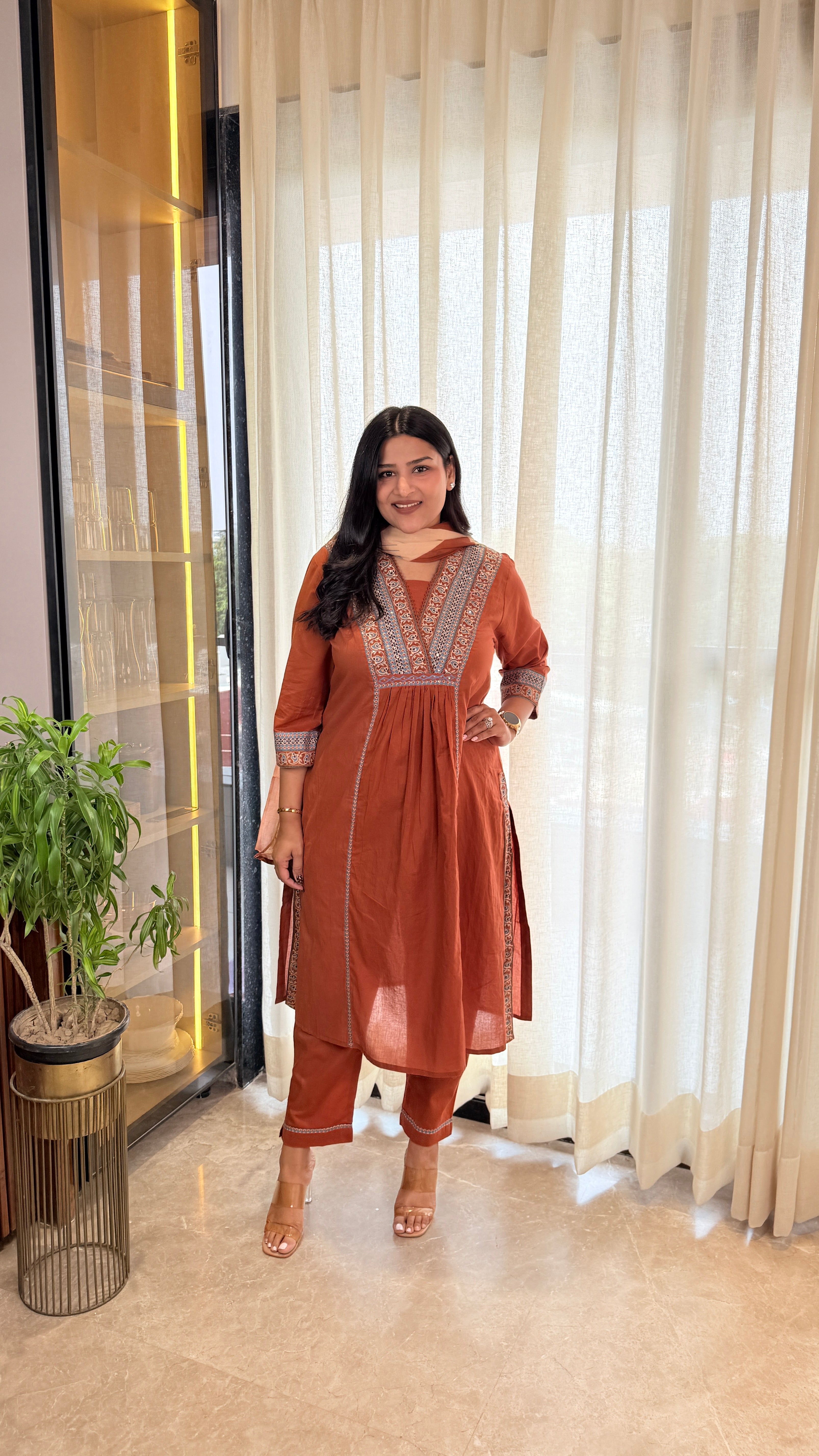 ⁠Rust V-Neck Cotton Suit Set shrisa.in
