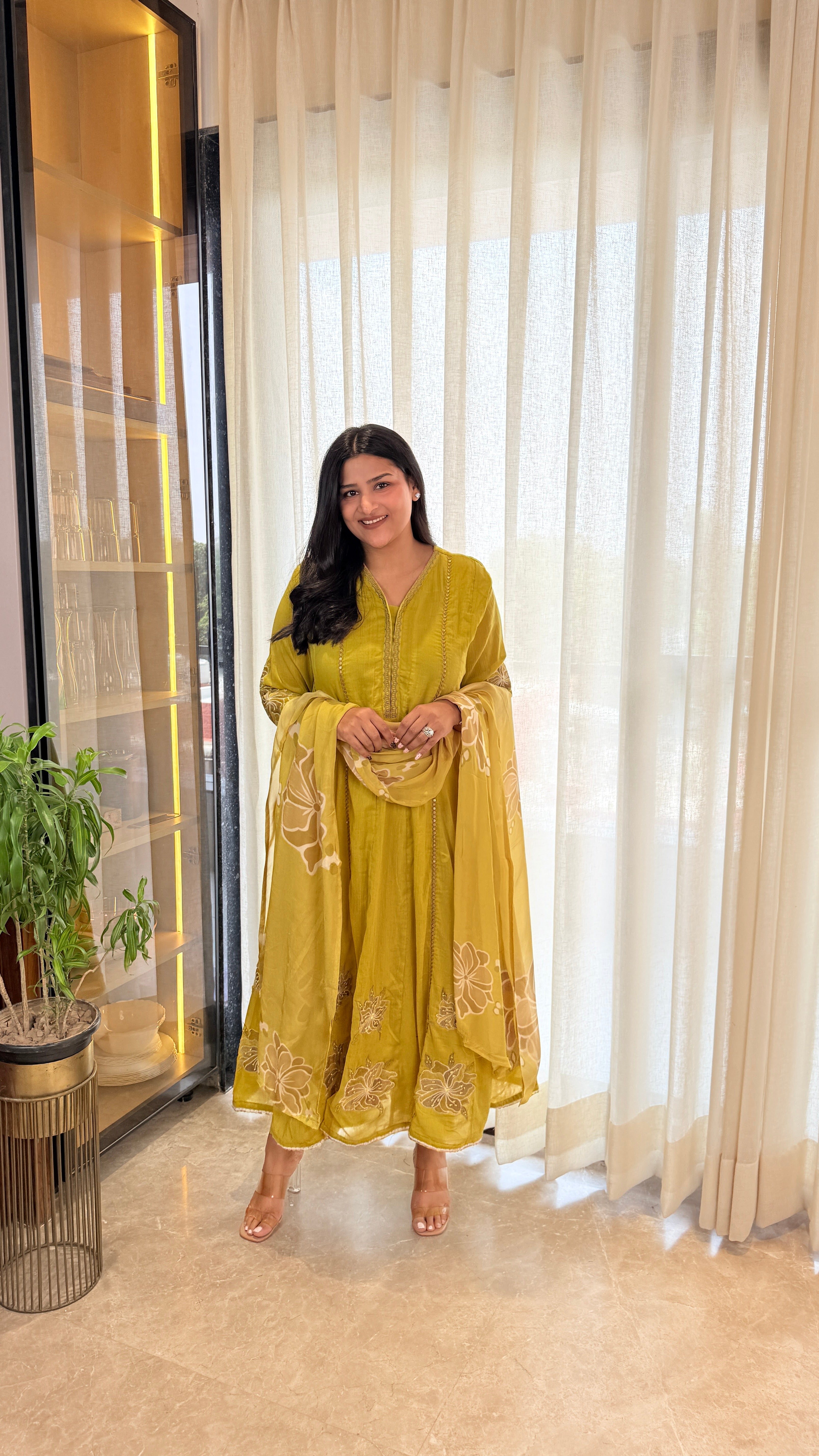 ⁠Yellow Mirror Work Appliqué Anarkali Suit Set shrisa.in