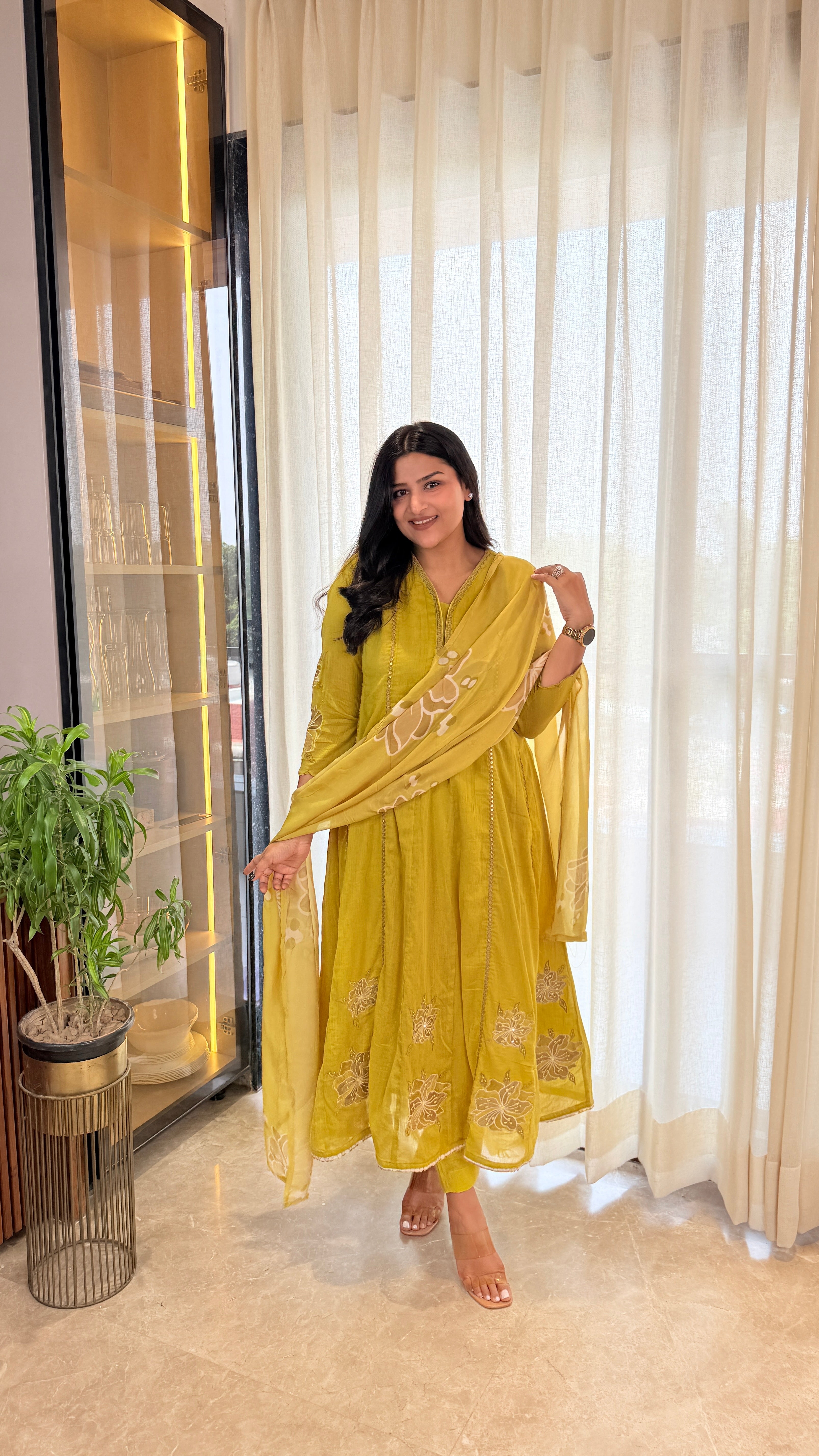 ⁠Yellow Mirror Work Appliqué Anarkali Suit Set shrisa.in