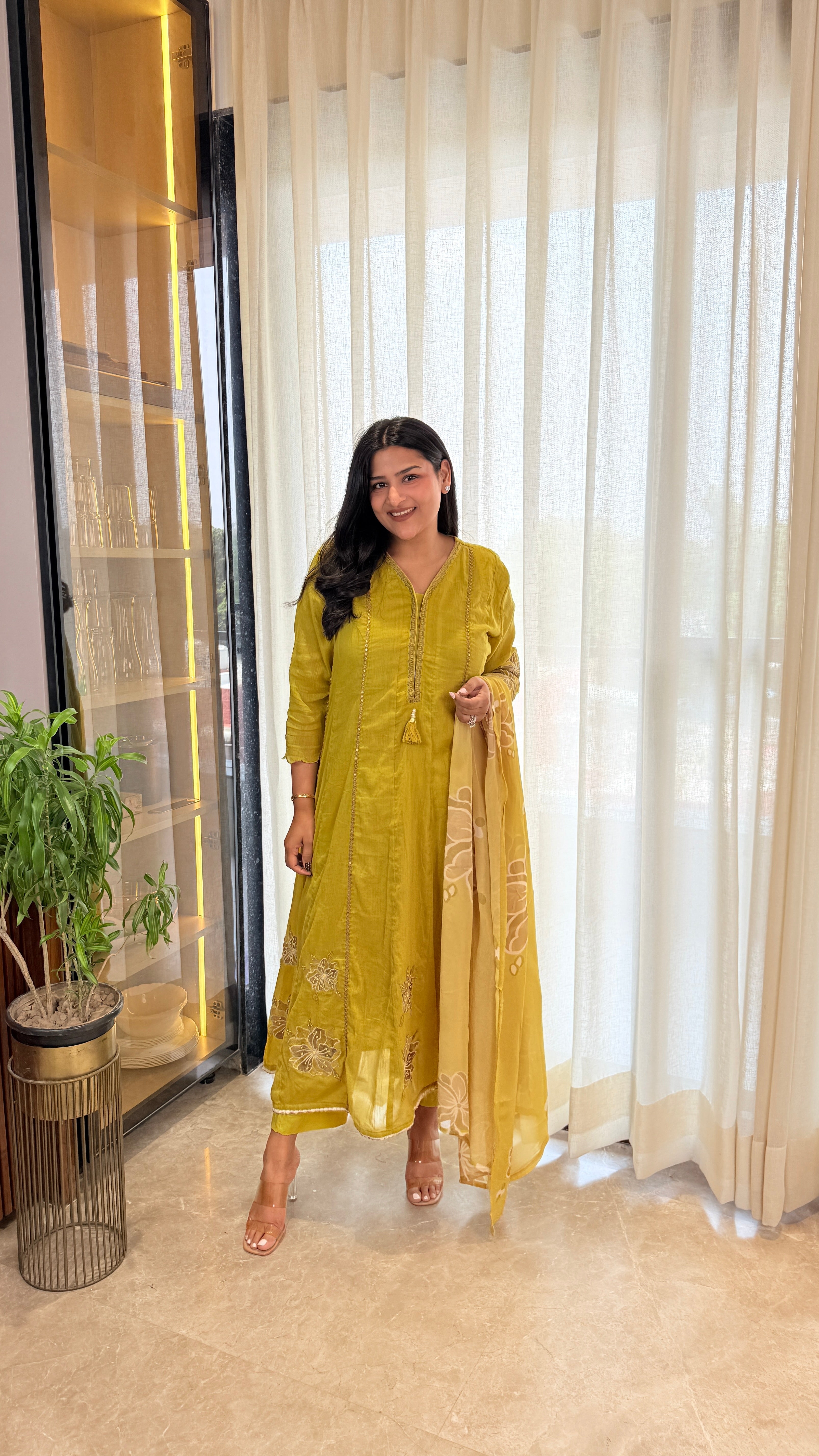 ⁠Yellow Mirror Work Appliqué Anarkali Suit Set shrisa.in