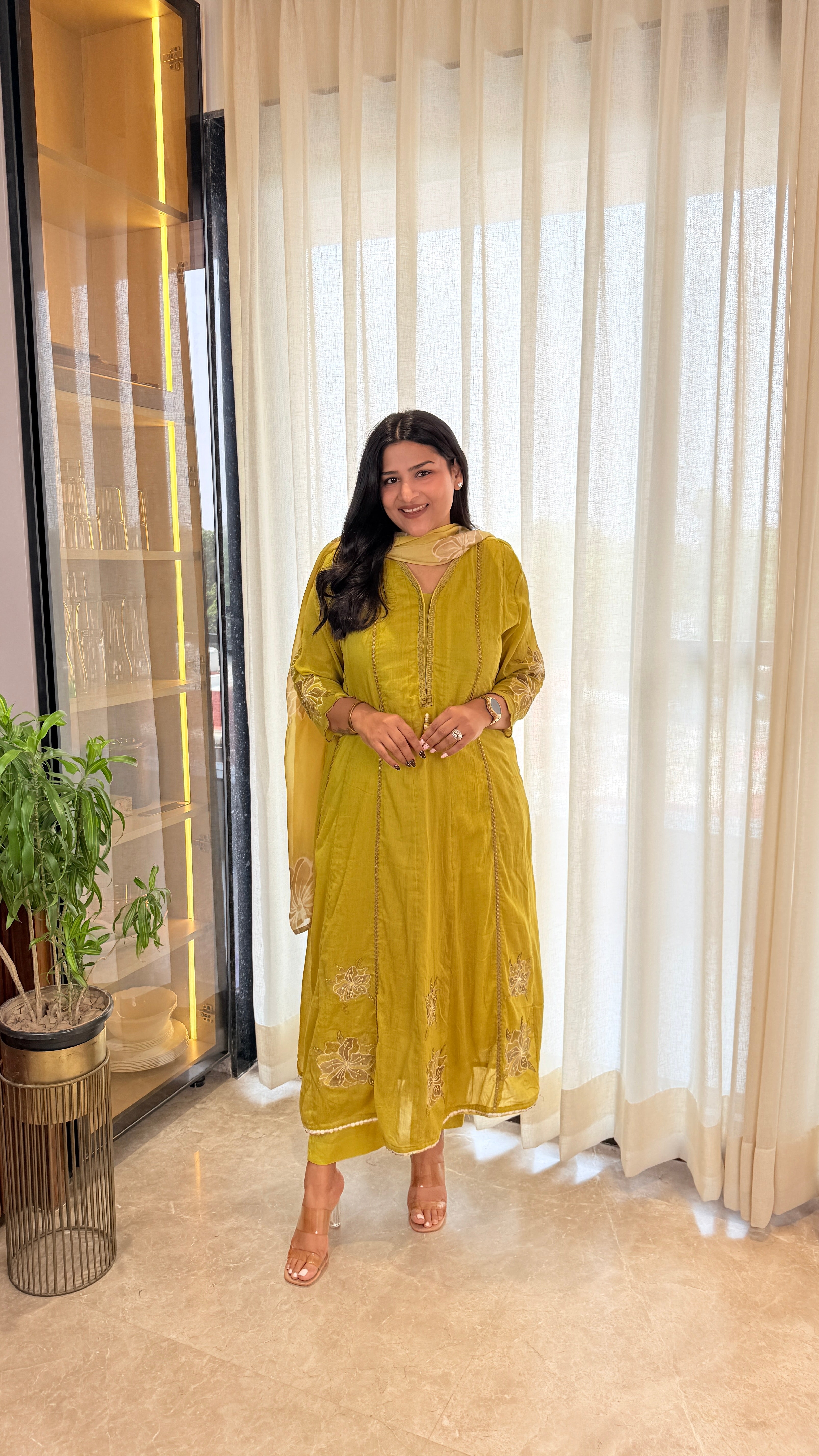 ⁠Yellow Mirror Work Appliqué Anarkali Suit Set shrisa.in