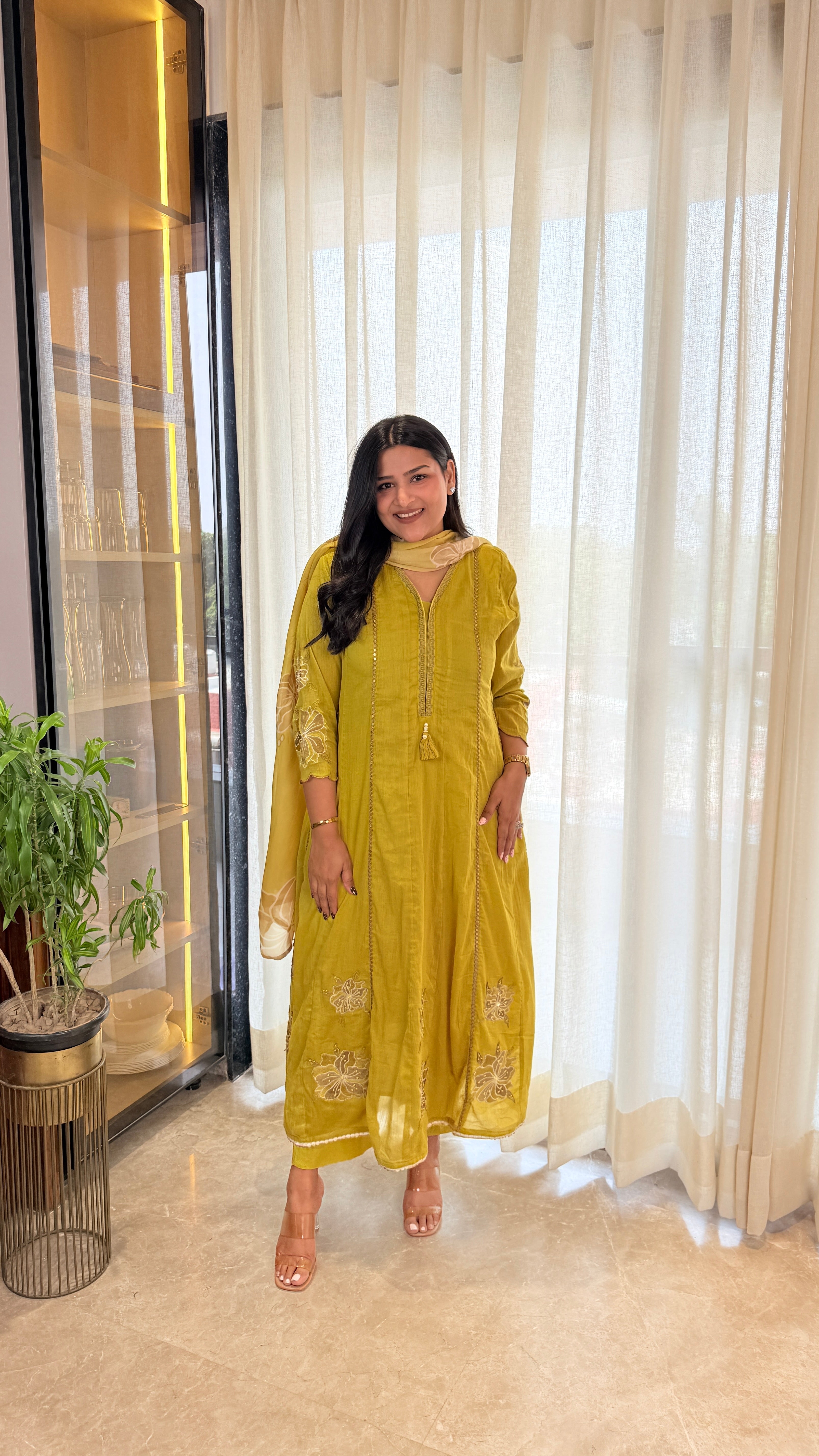 ⁠Yellow Mirror Work Appliqué Anarkali Suit Set shrisa.in