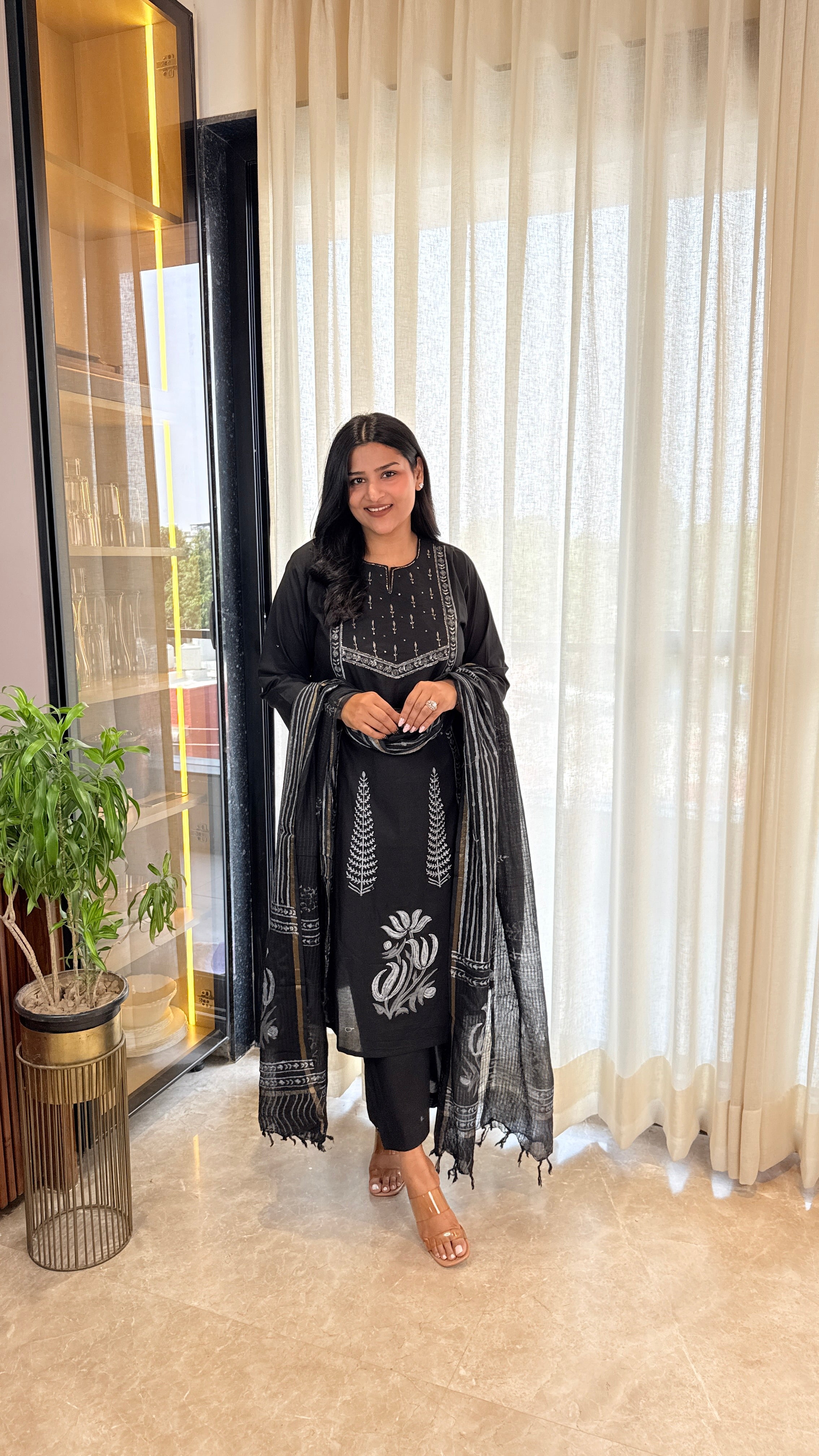 ⁠Black Pitan Cotton Suit Set shrisa.in