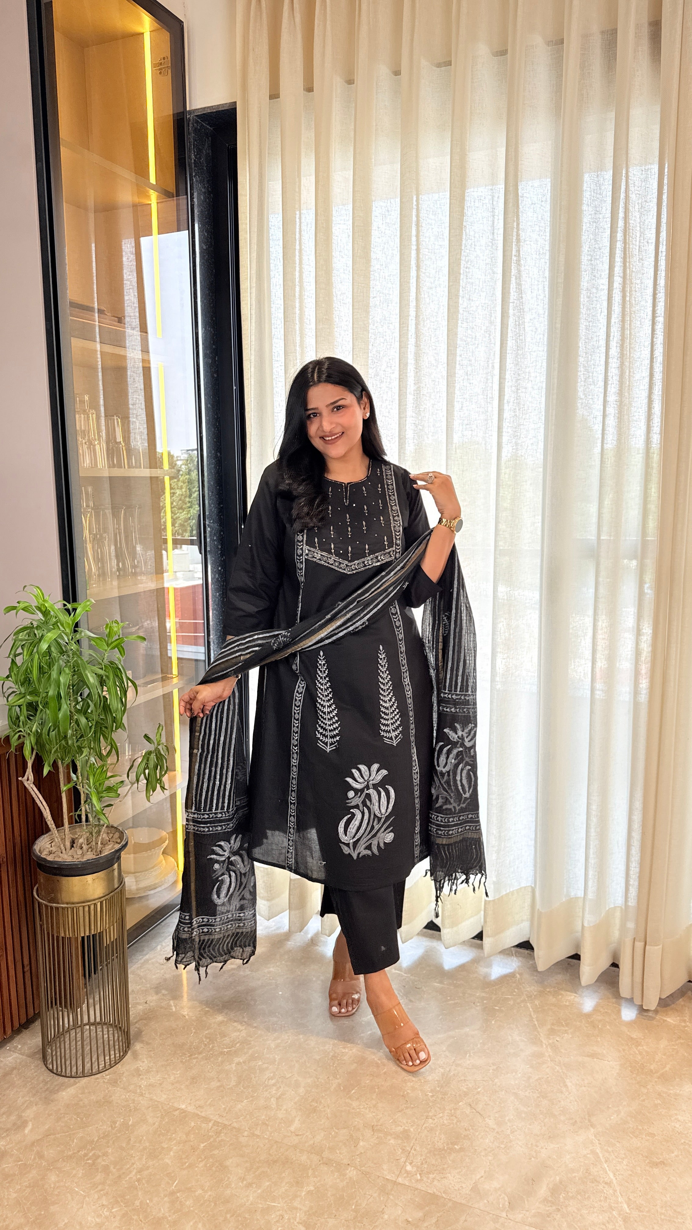 ⁠Black Pitan Cotton Suit Set shrisa.in