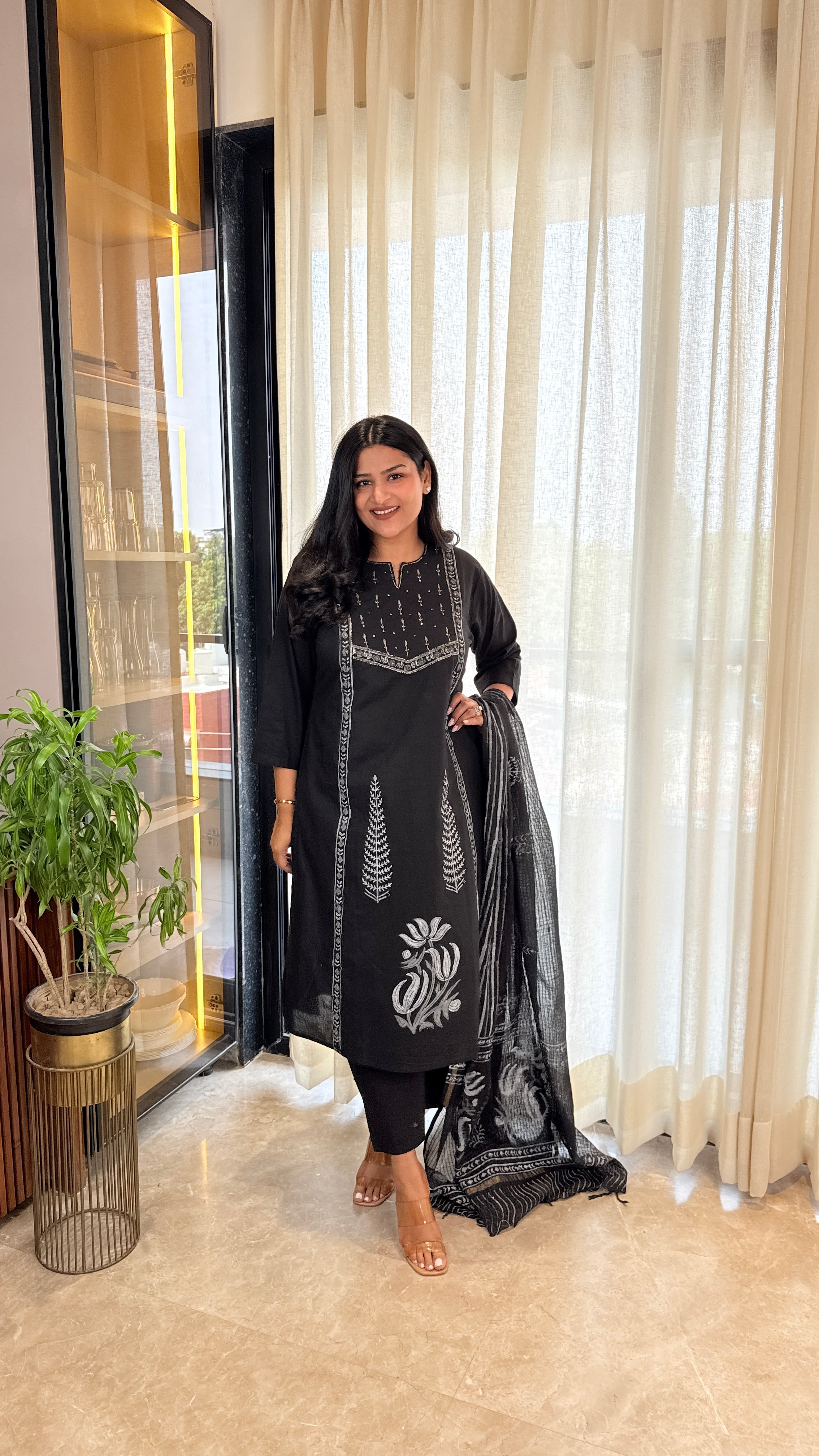 ⁠Black Pitan Cotton Suit Set shrisa.in
