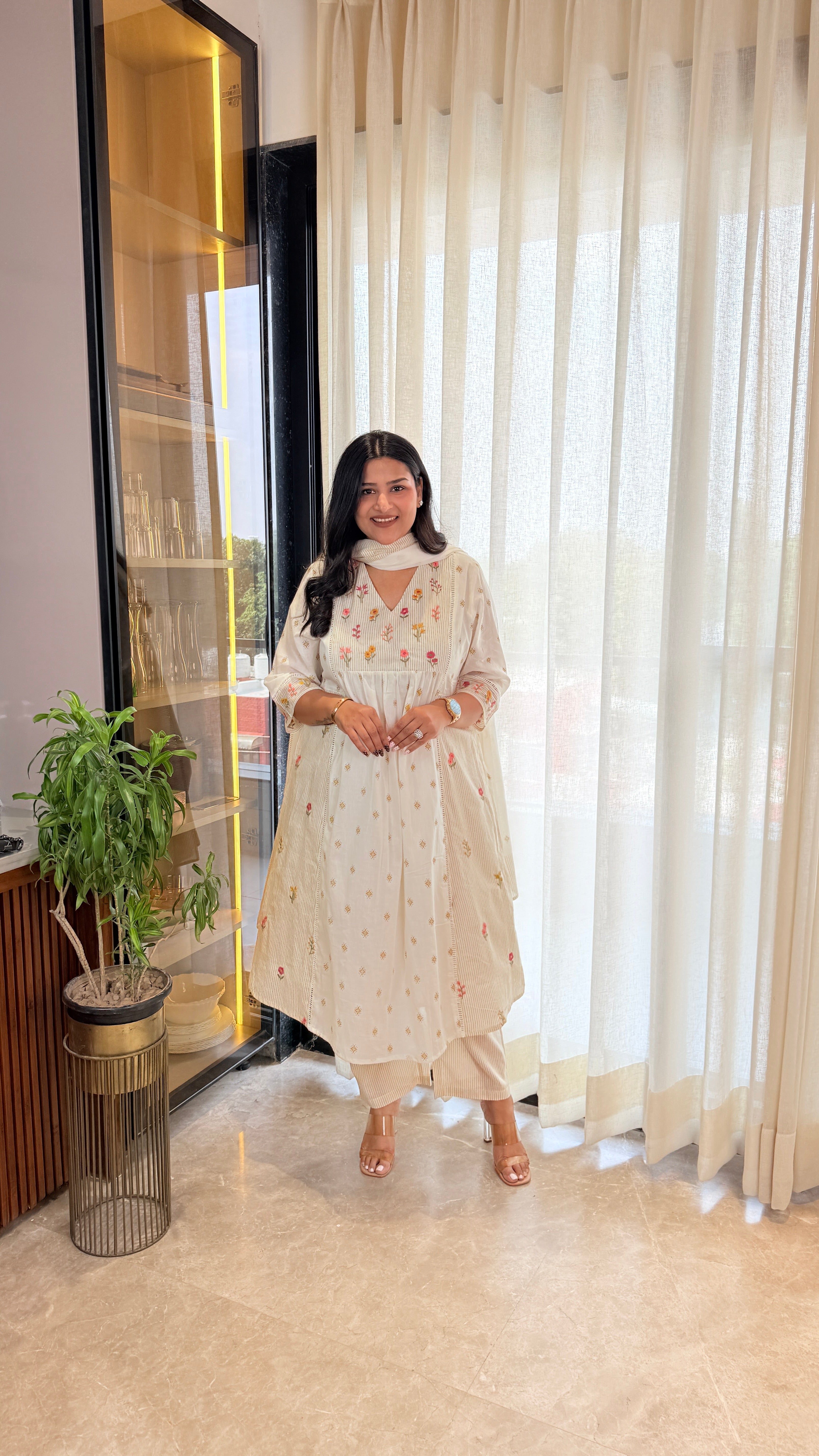 Cream Pure Cotton Threadwork Suit Set shrisa.in