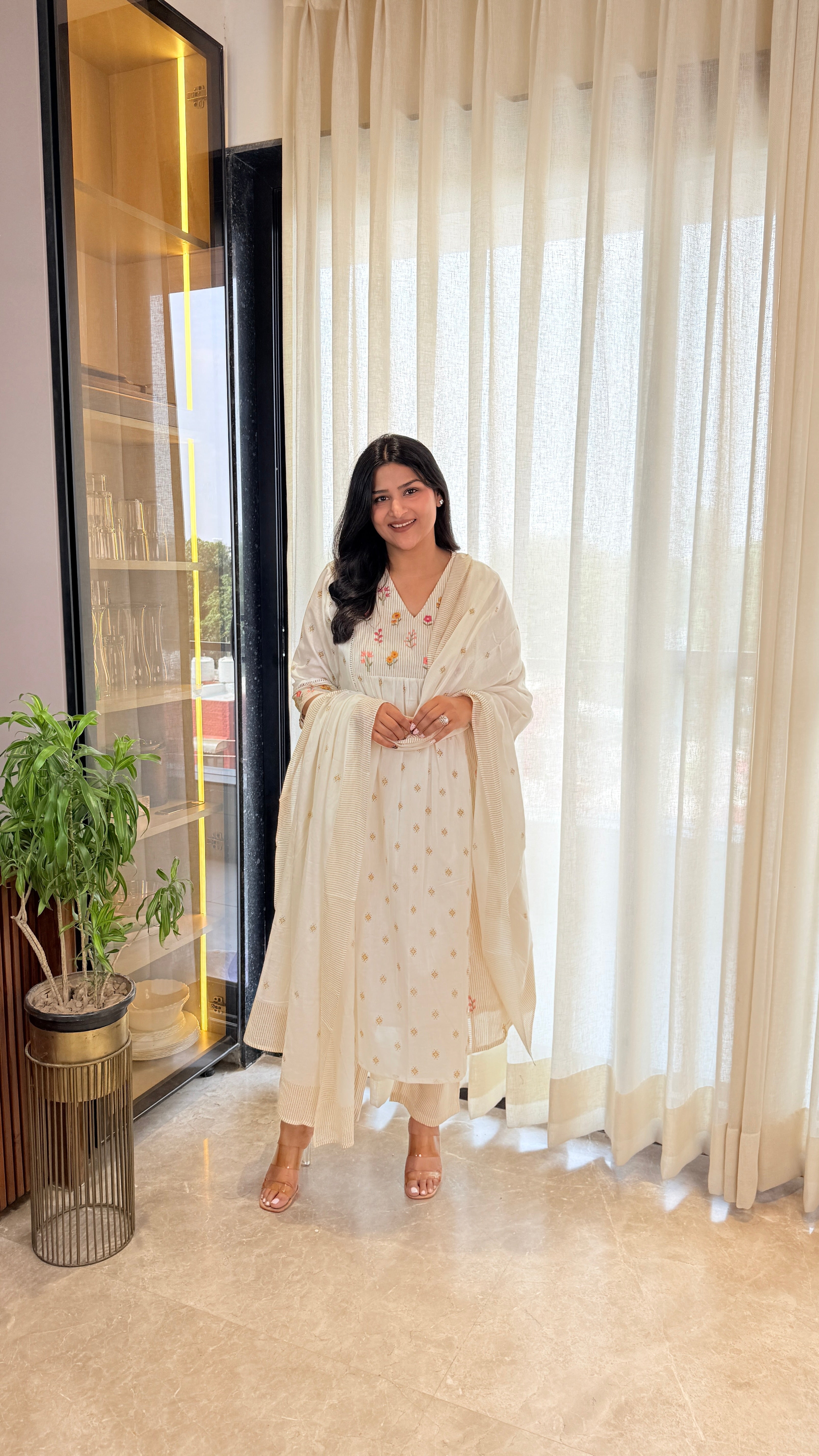 Cream Pure Cotton Threadwork Suit Set shrisa.in