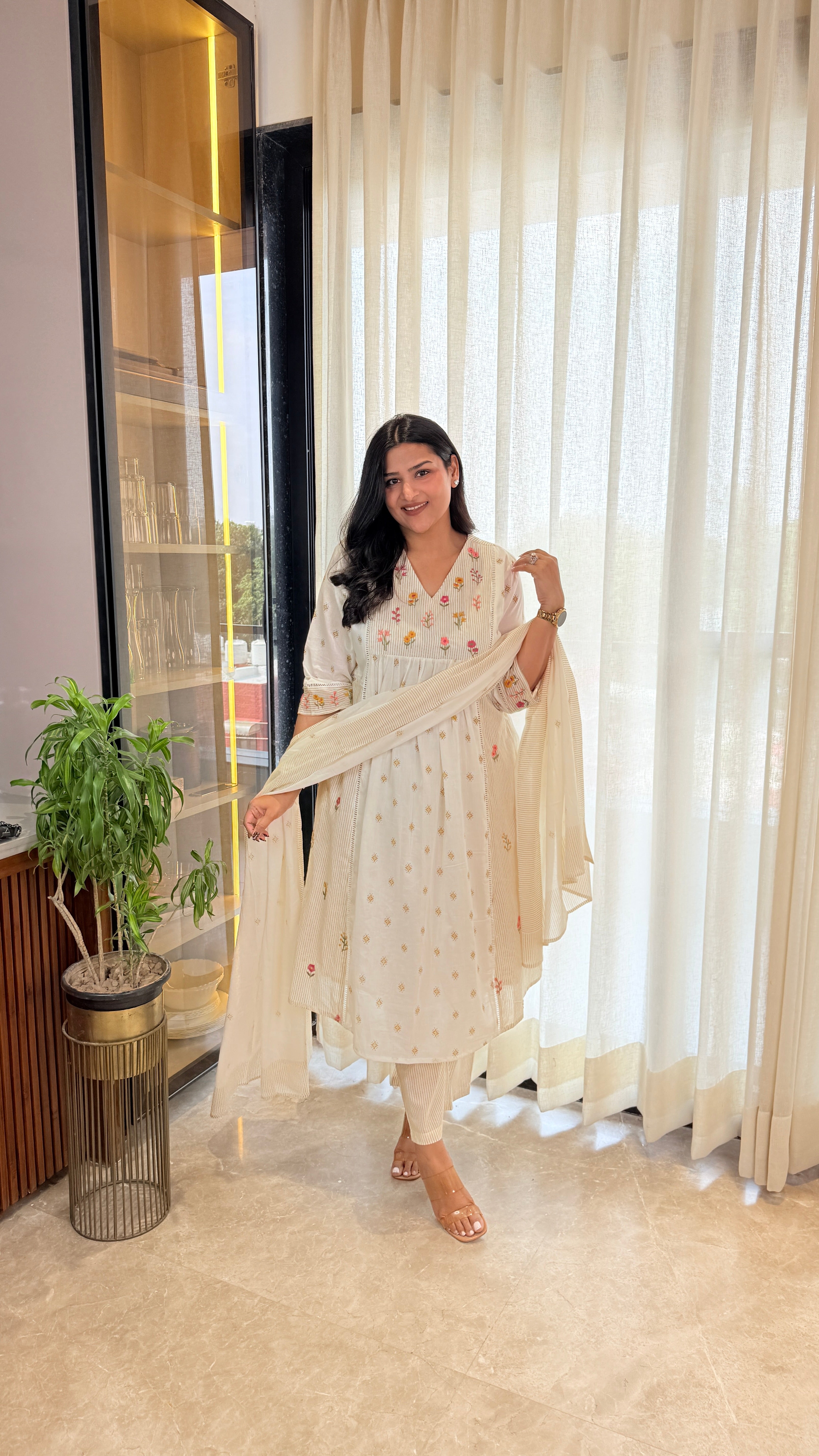 Cream Pure Cotton Threadwork Suit Set shrisa.in