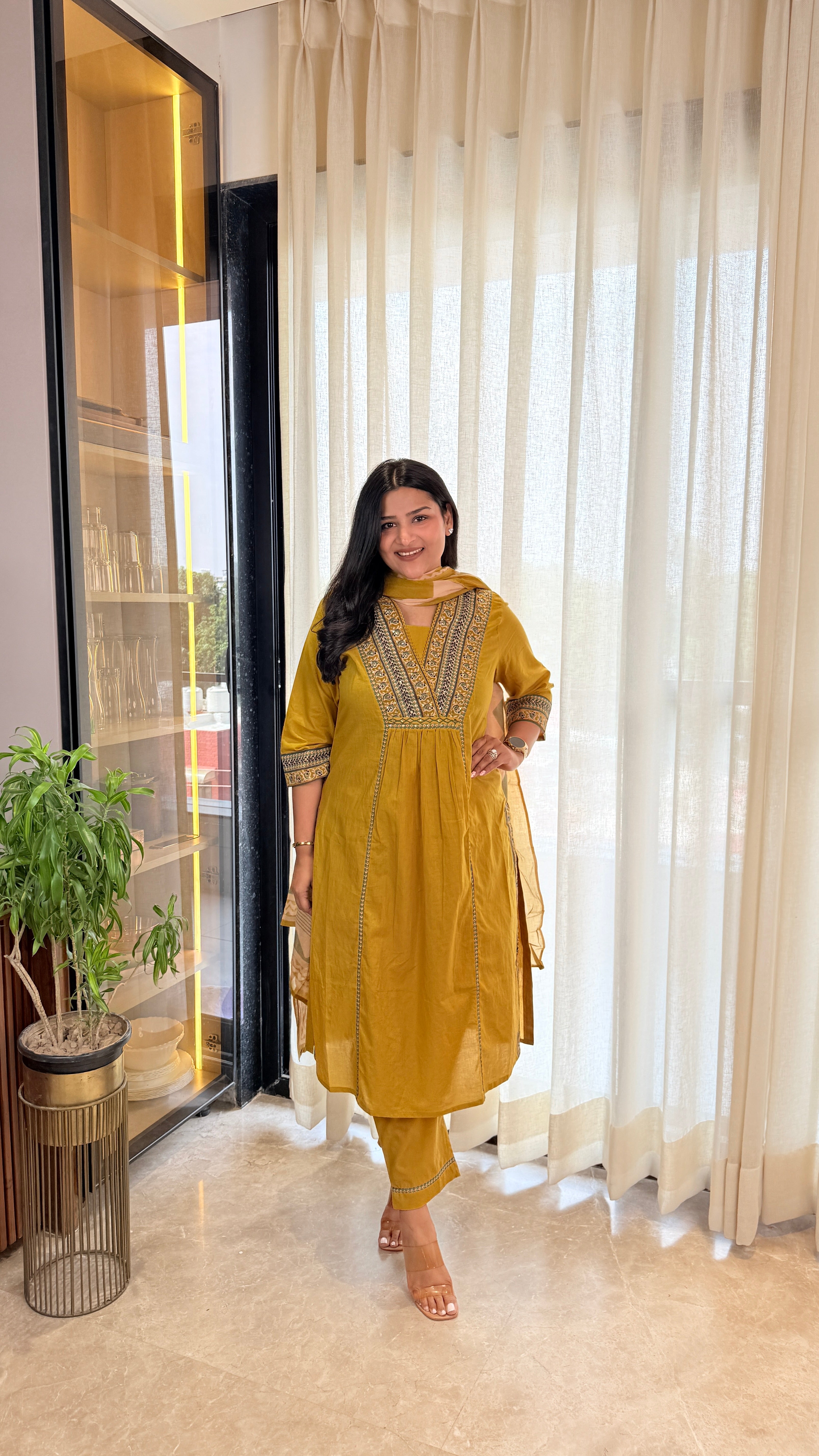 Yellow V-Neck Cotton Suit Set shrisa.in