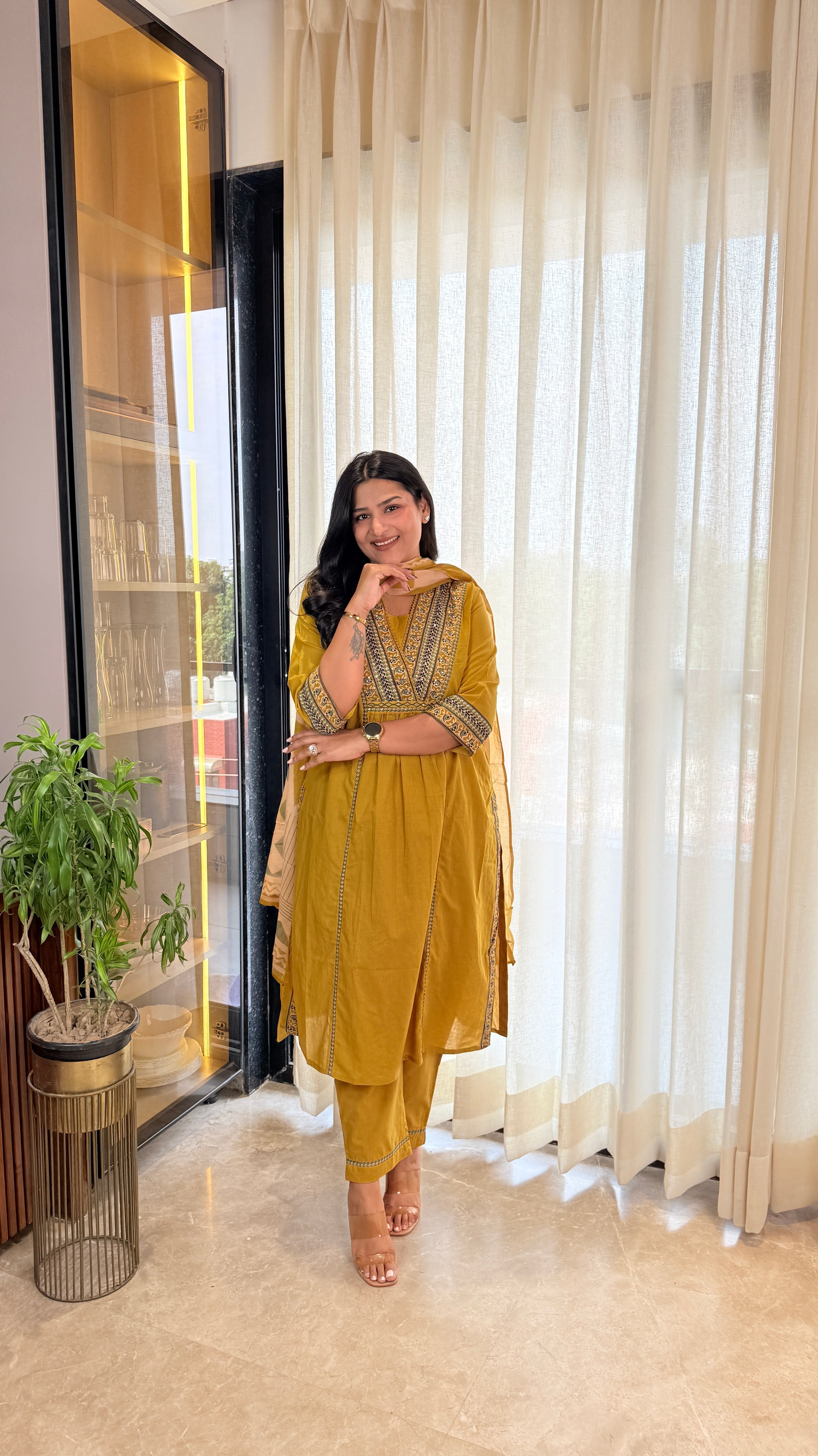 Yellow V-Neck Cotton Suit Set shrisa.in