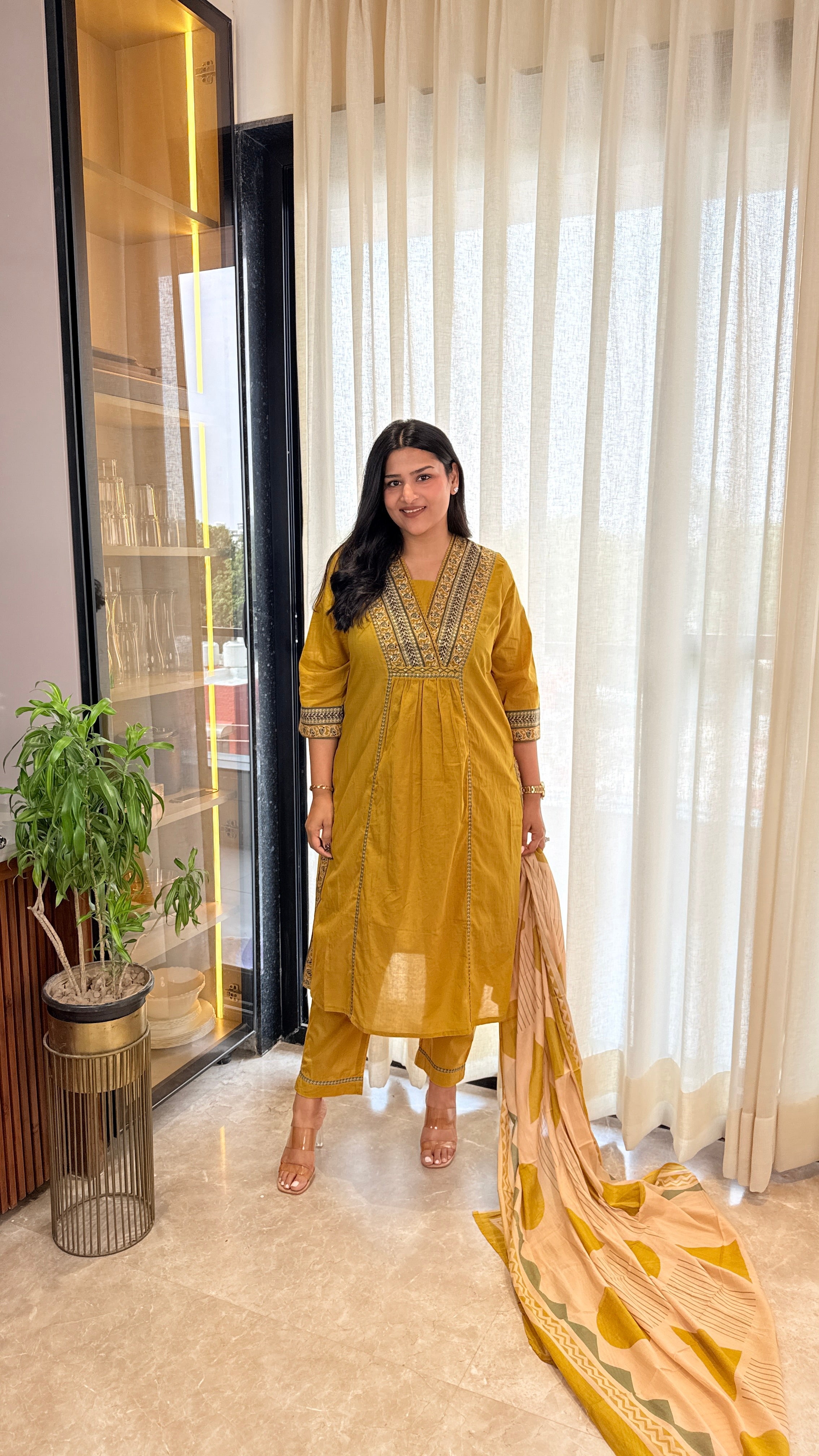 Yellow V-Neck Cotton Suit Set shrisa.in