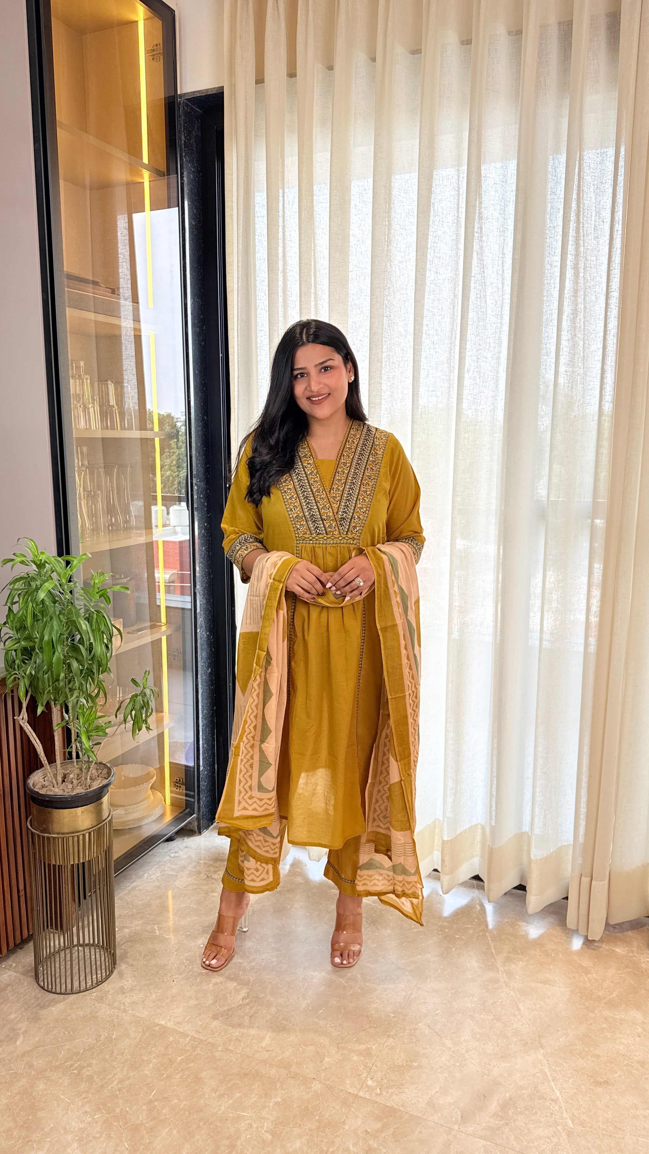 Yellow V-Neck Cotton Suit Set shrisa.in