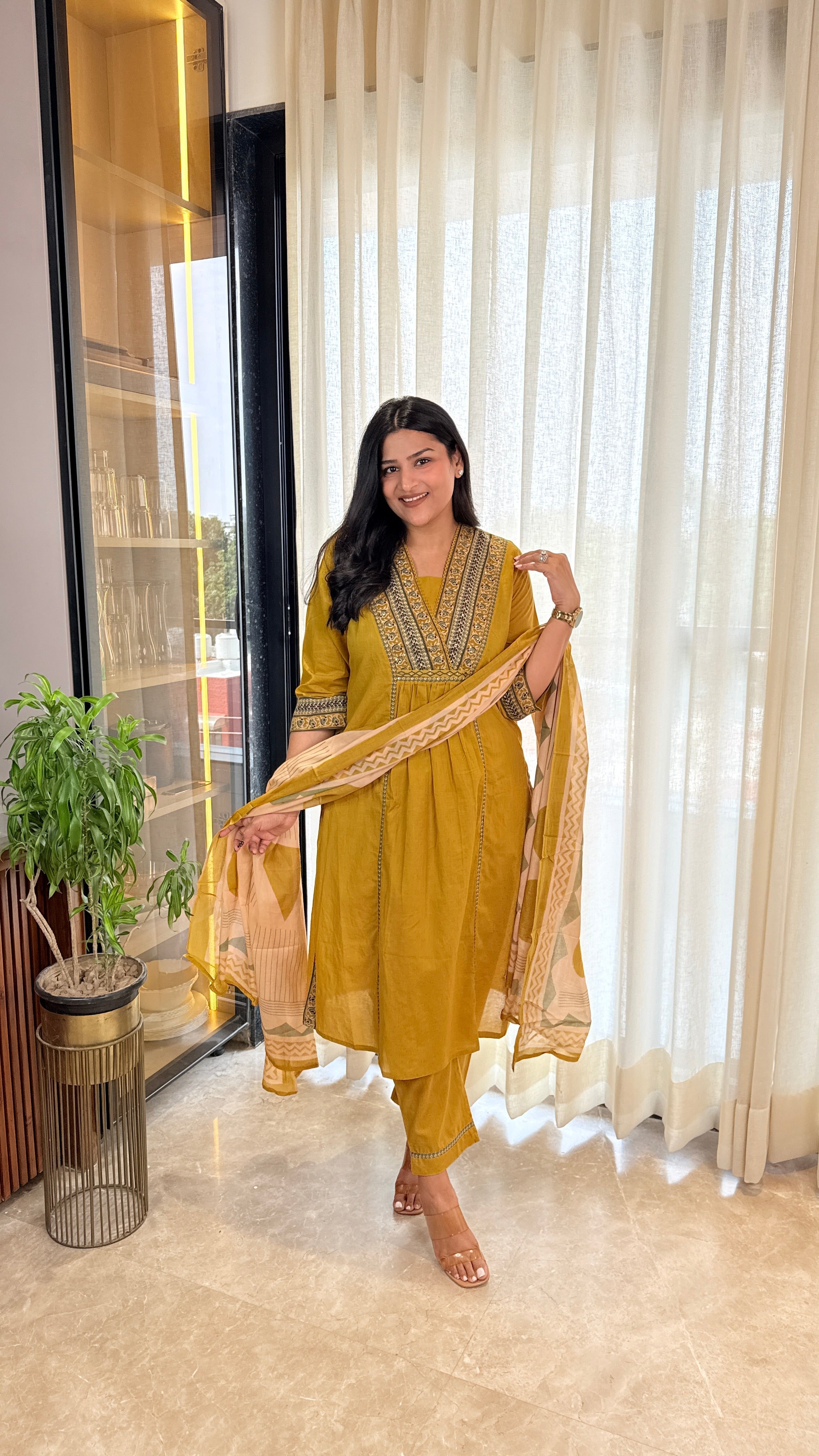 Yellow V-Neck Cotton Suit Set shrisa.in
