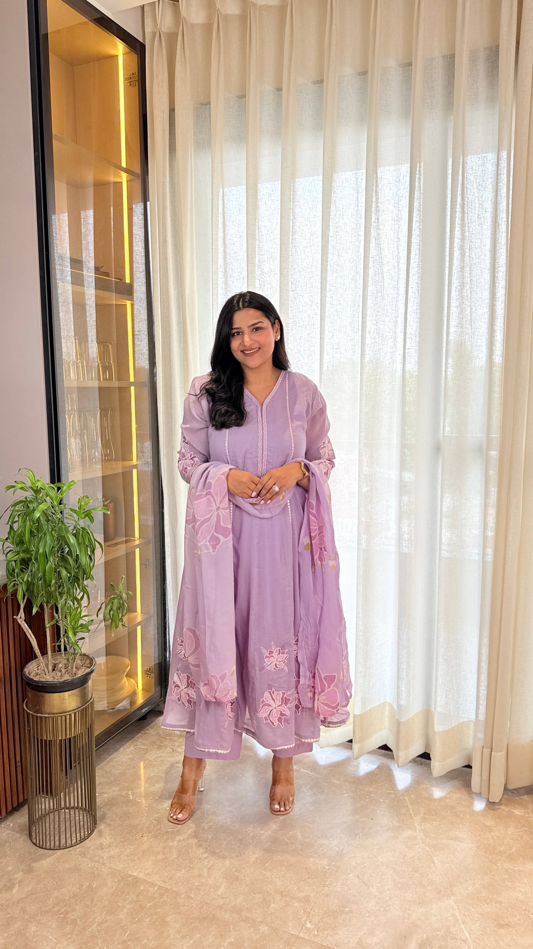Purple Mirror Work Appliqué Anarkali Suit Set shrisa.in