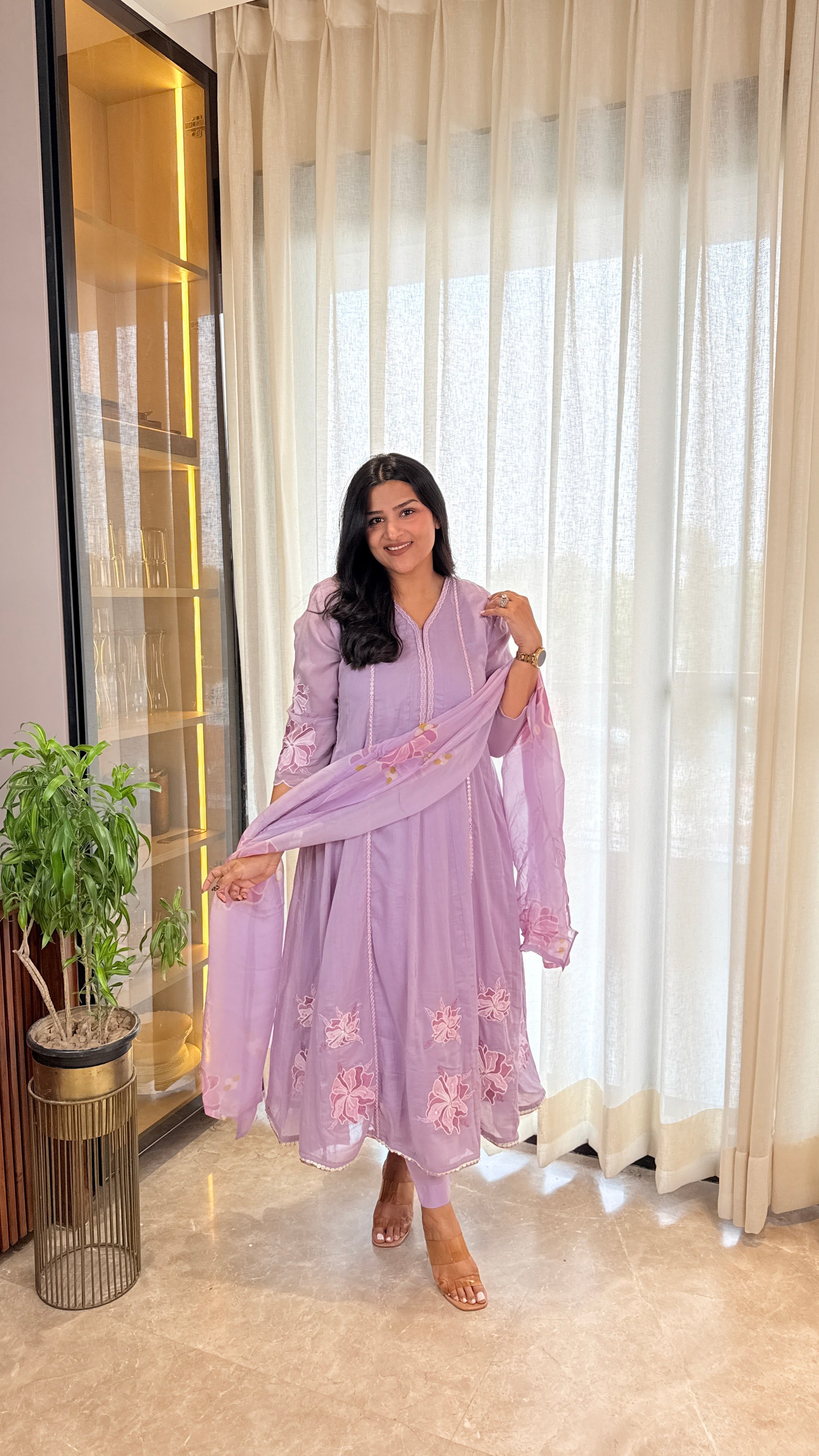 Purple Mirror Work Appliqué Anarkali Suit Set shrisa.in