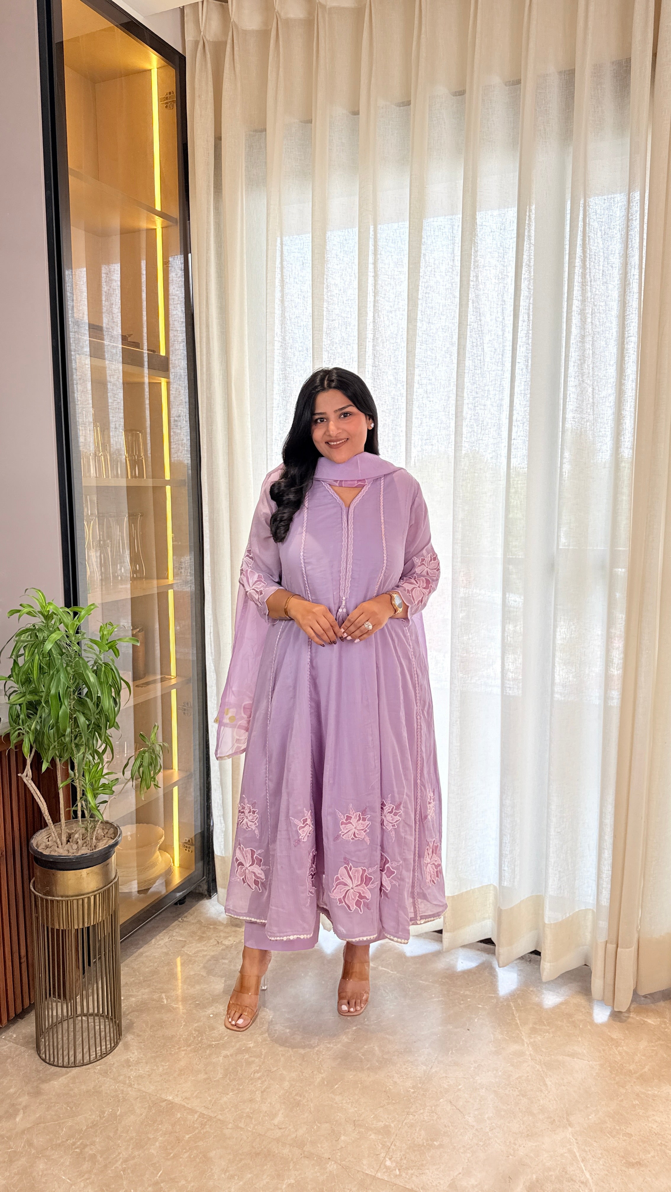 Purple Mirror Work Appliqué Anarkali Suit Set shrisa.in