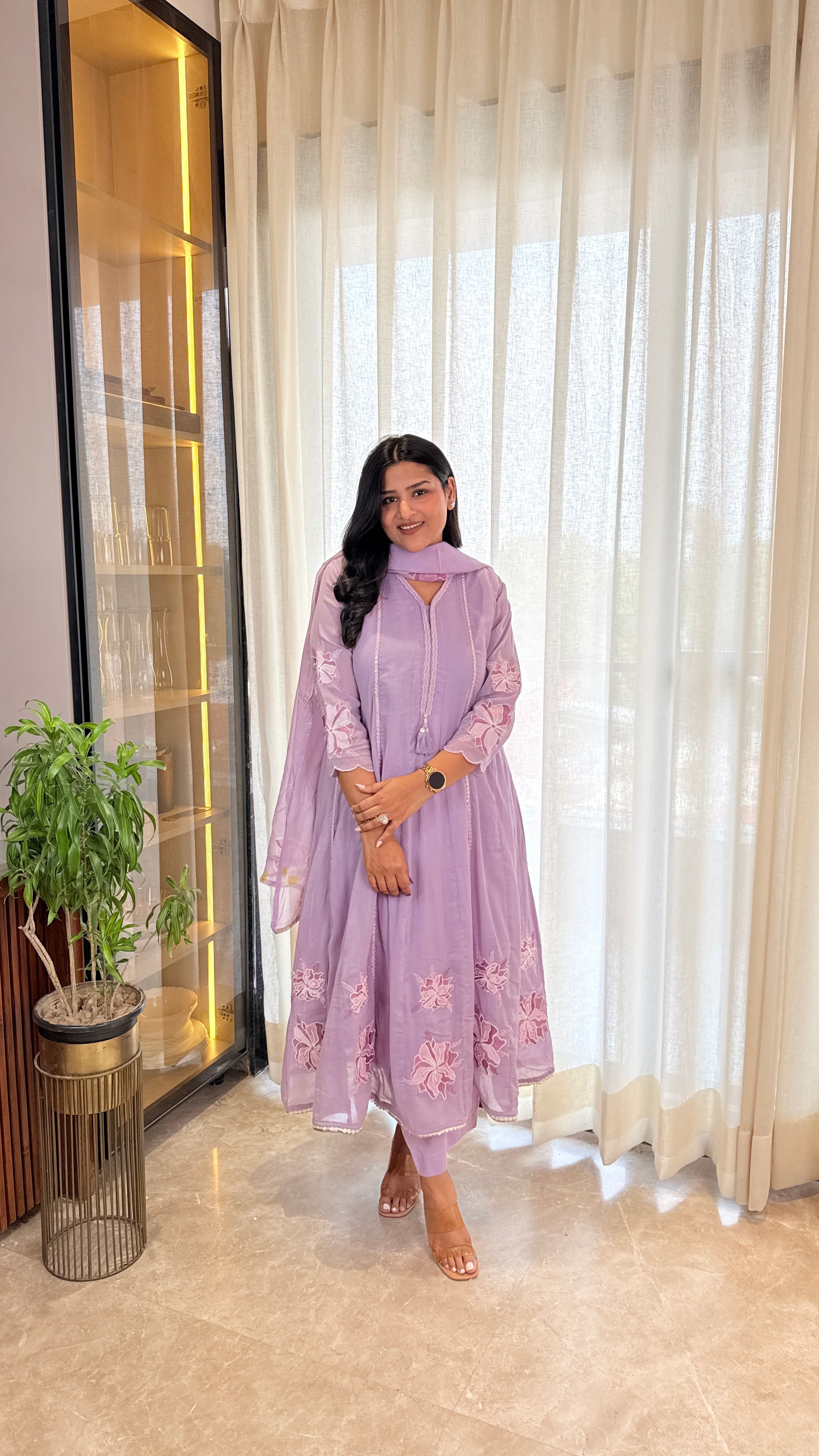 Purple Mirror Work Appliqué Anarkali Suit Set shrisa.in