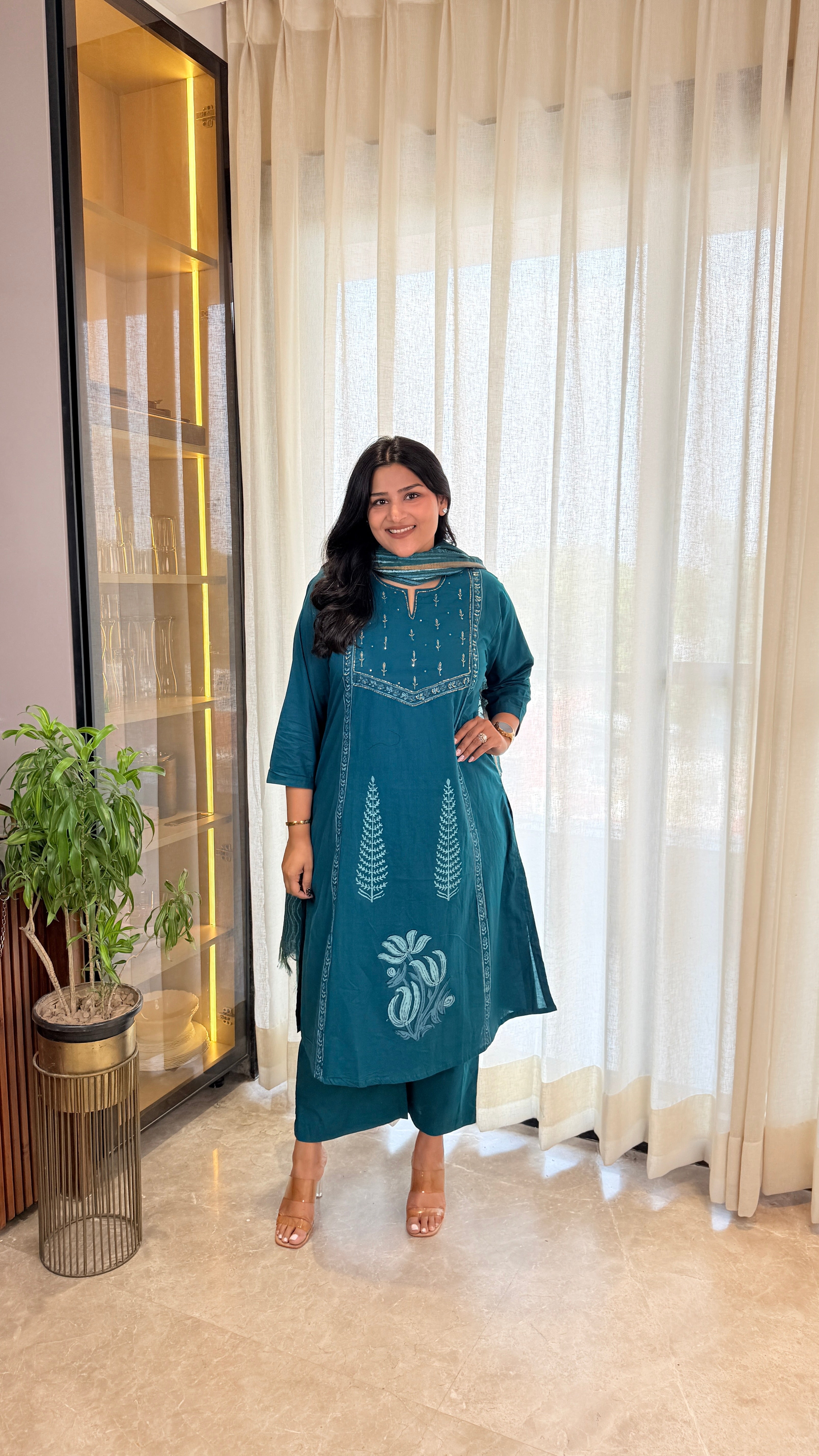 ⁠Teal Pitan Cotton Suit Set shrisa.in