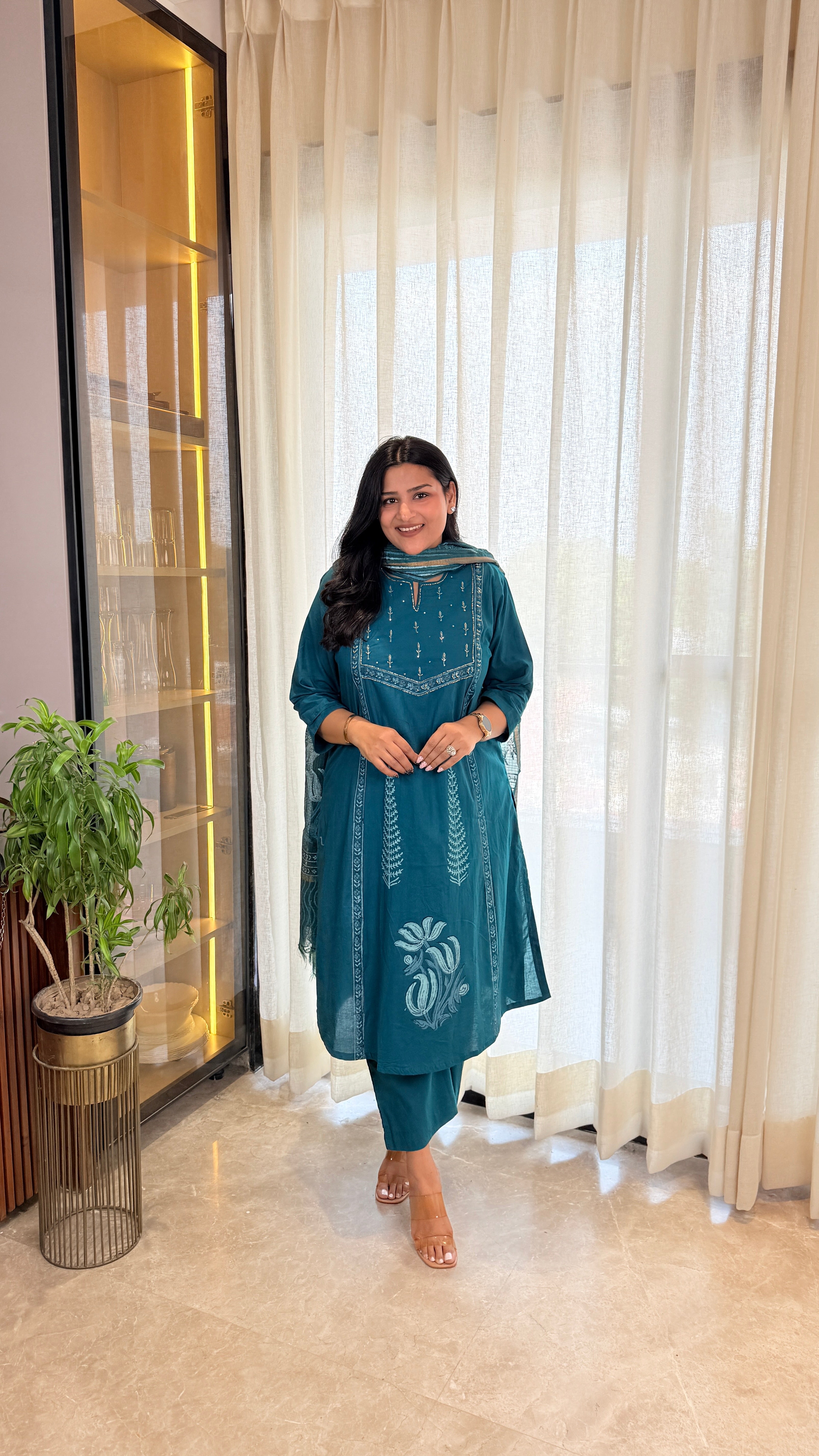 ⁠Teal Pitan Cotton Suit Set shrisa.in