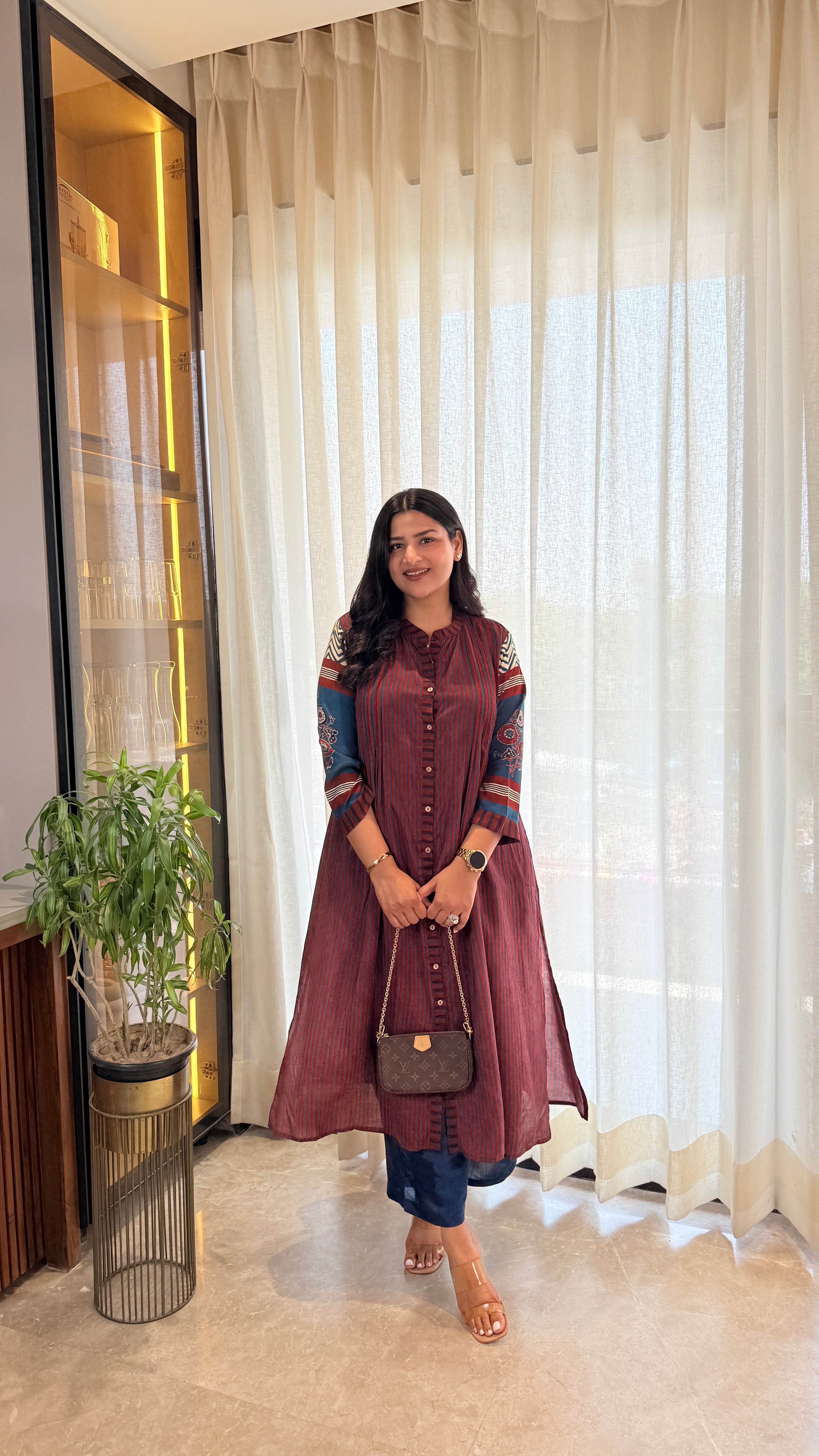 Dark Maroon Stripes Pure Muslin Kurta Pants shrisa.in