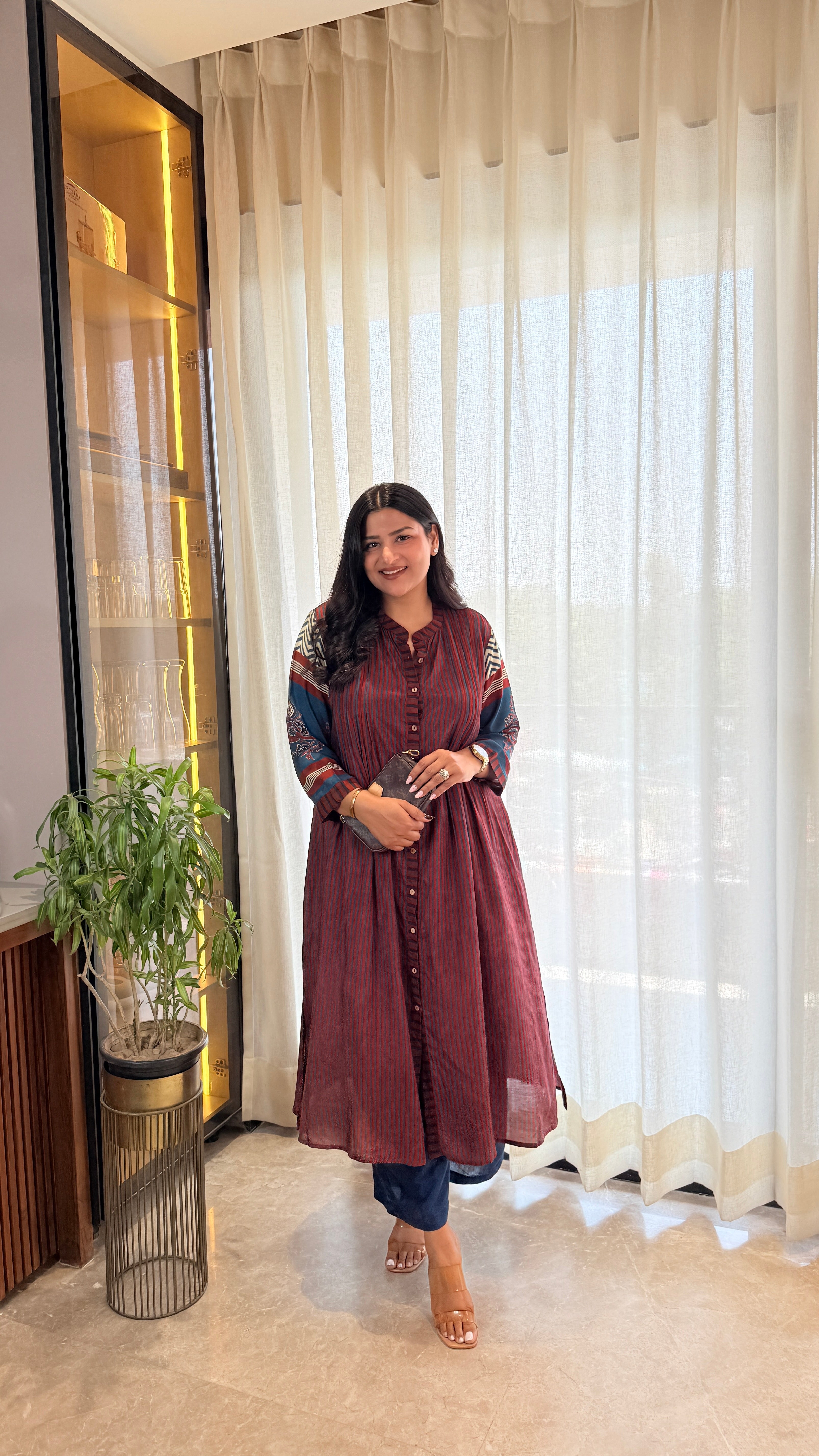 Dark Maroon Stripes Pure Muslin Kurta Pants shrisa.in