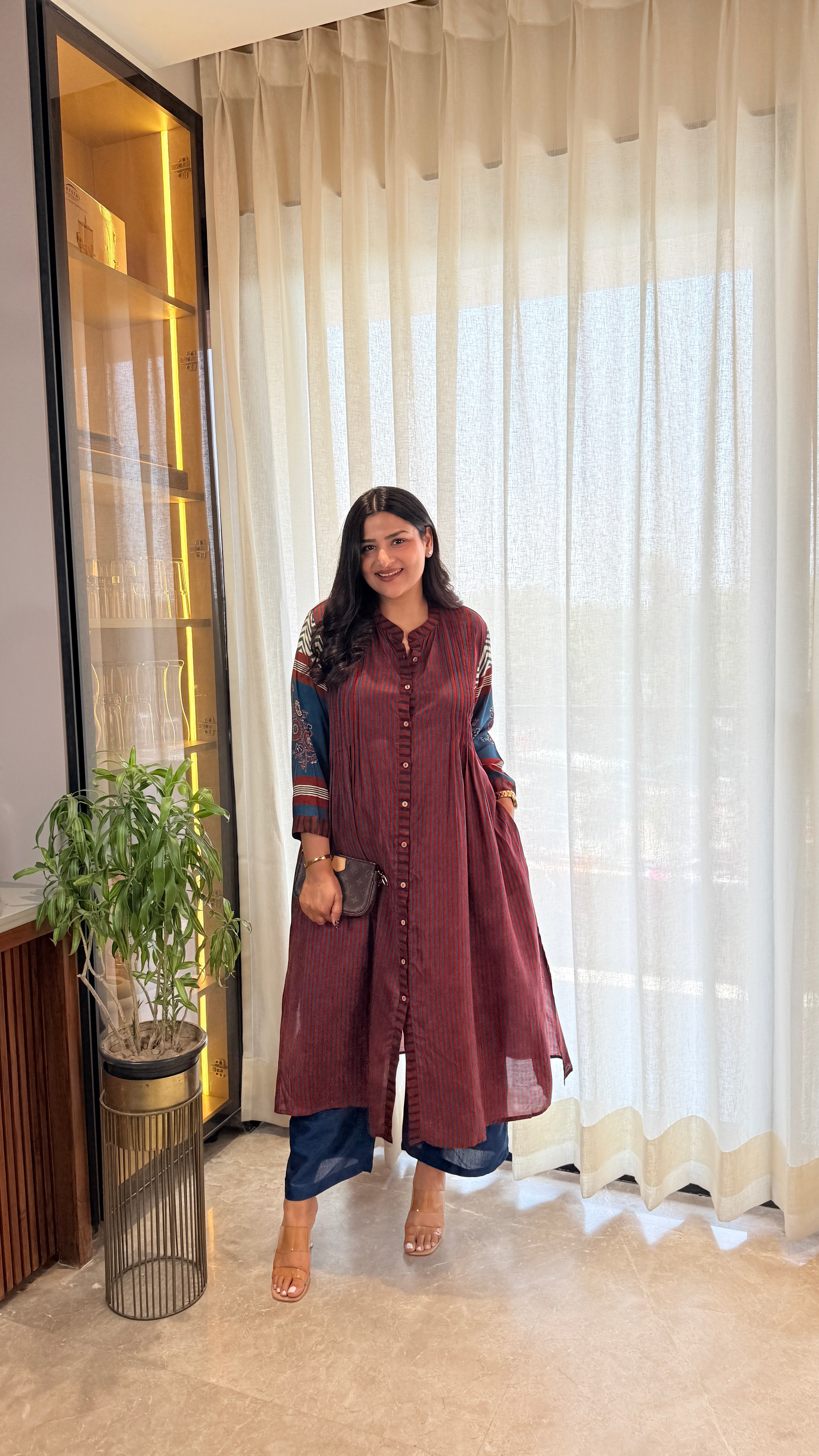 Dark Maroon Stripes Pure Muslin Kurta Pants shrisa.in