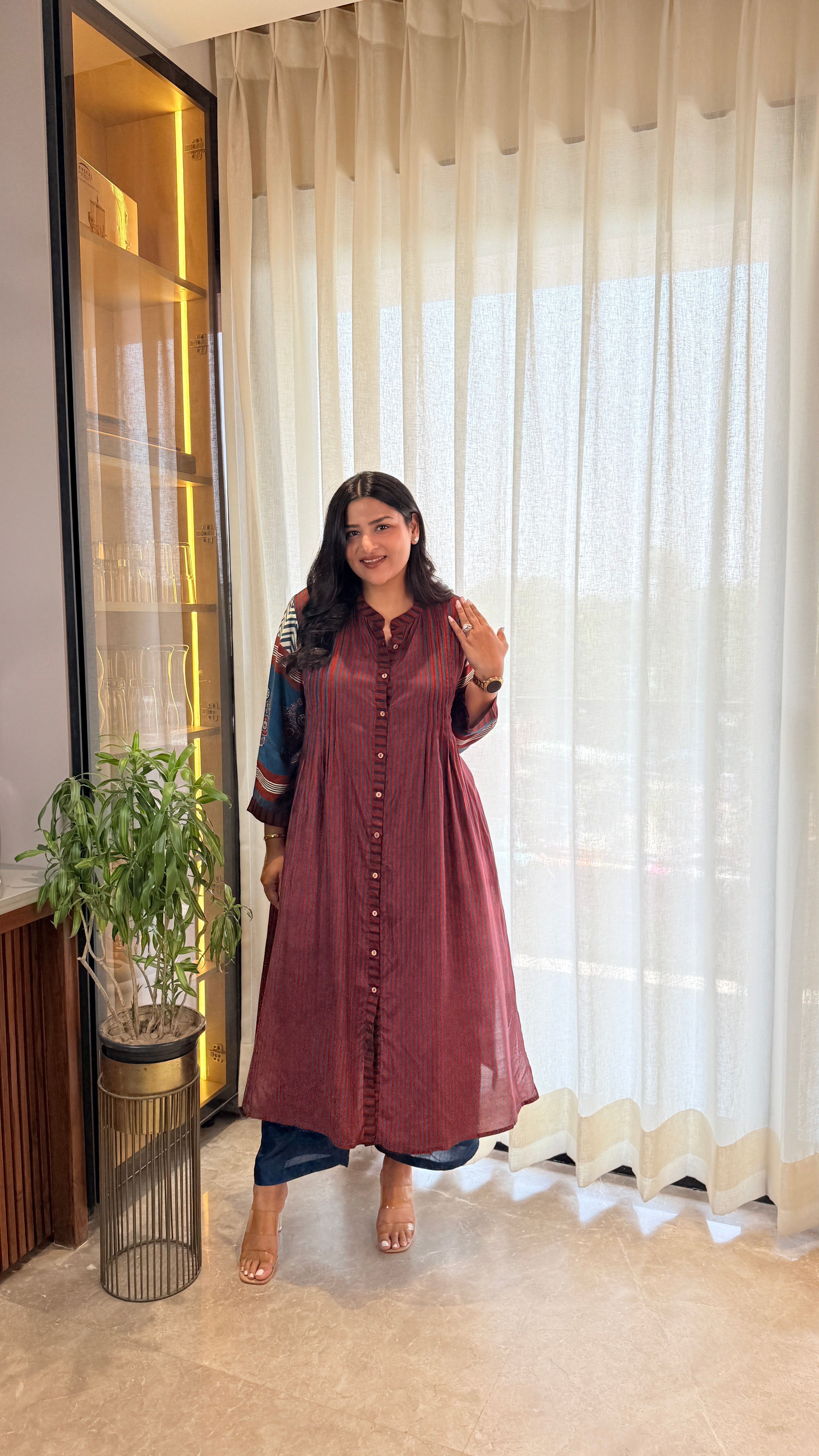Dark Maroon Stripes Pure Muslin Kurta Pants shrisa.in
