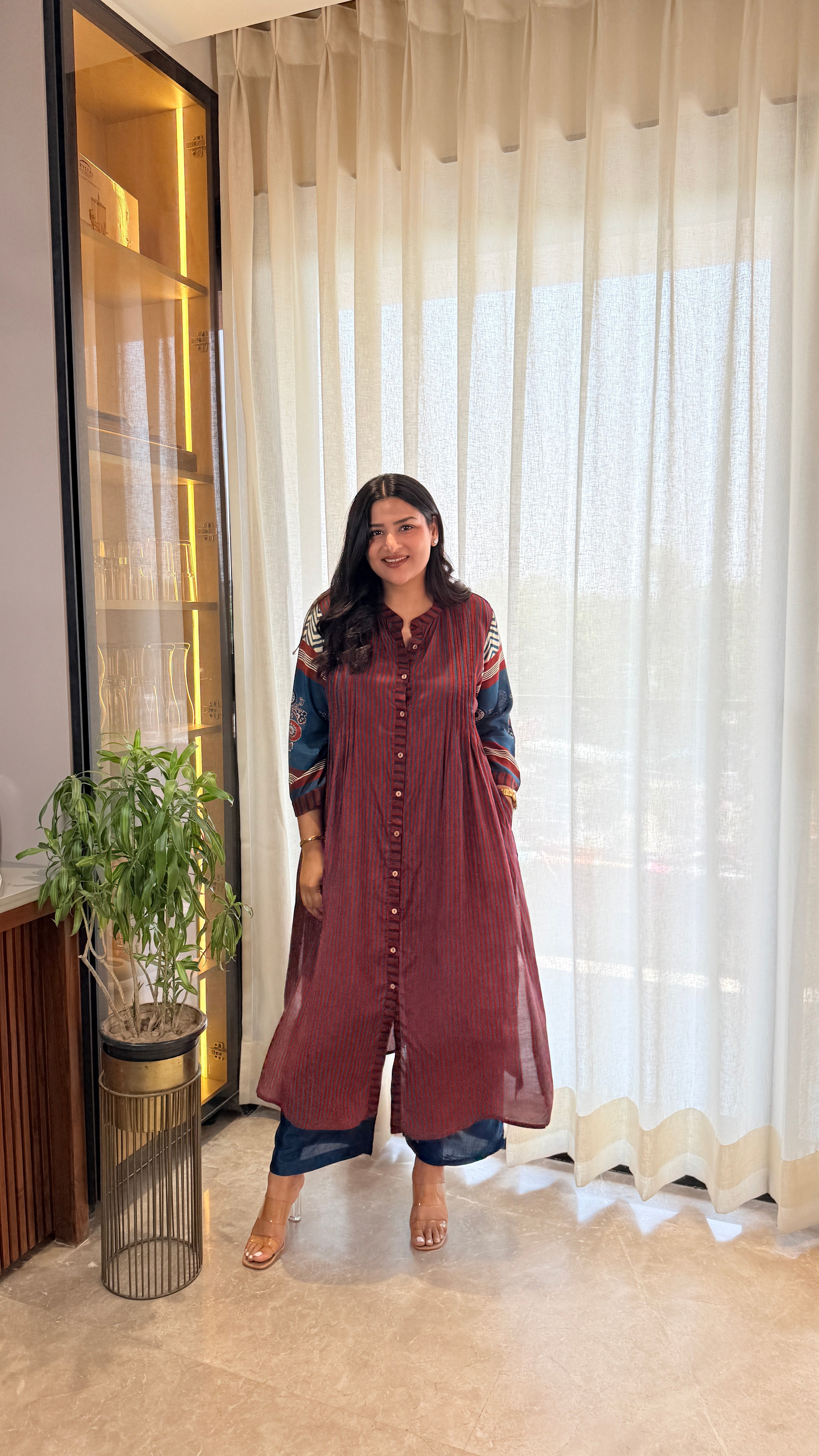 Dark Maroon Stripes Pure Muslin Kurta Pants shrisa.in