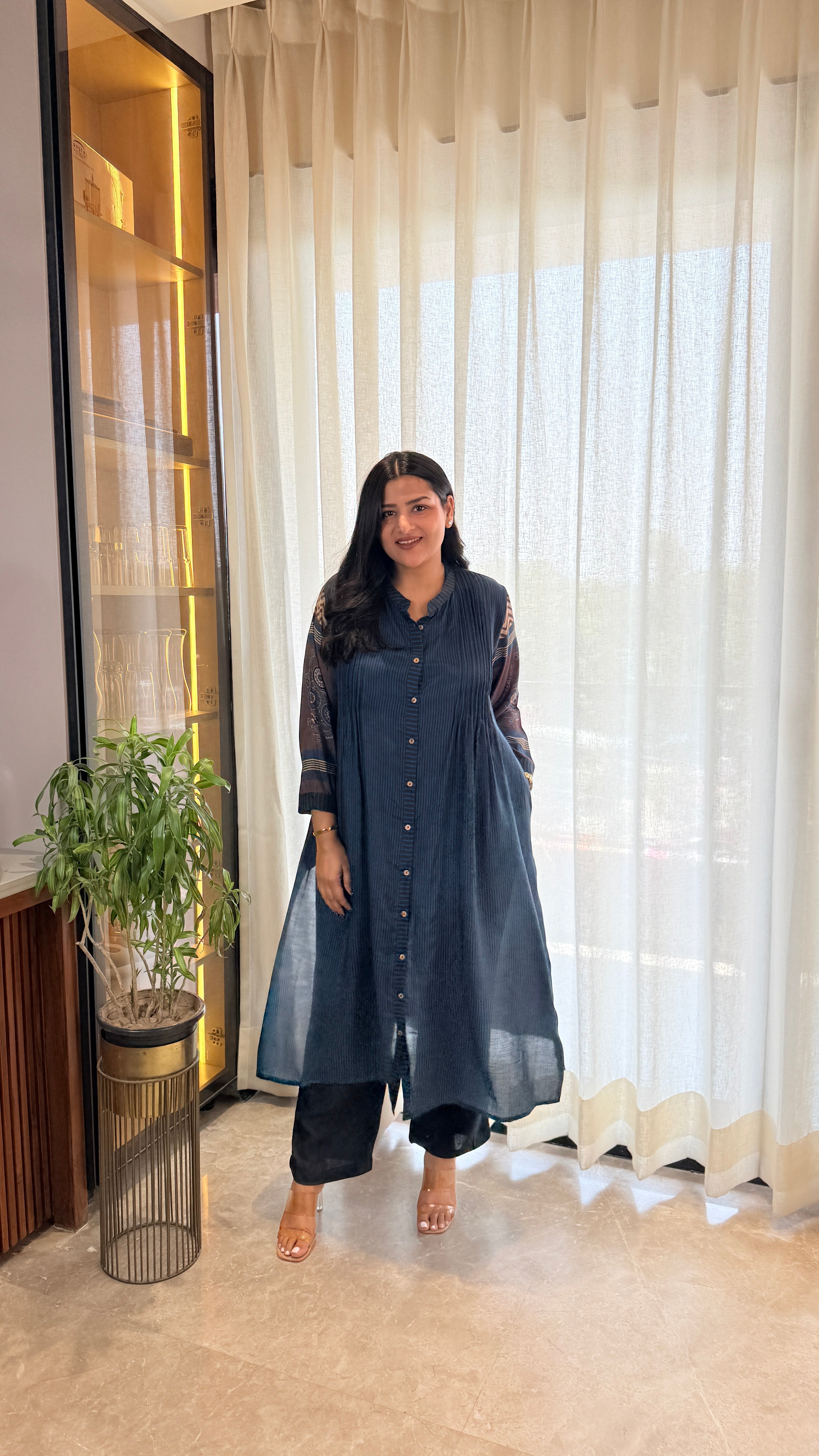 Dark Blue Stripes Pure Muslin Kurta Pants shrisa.in