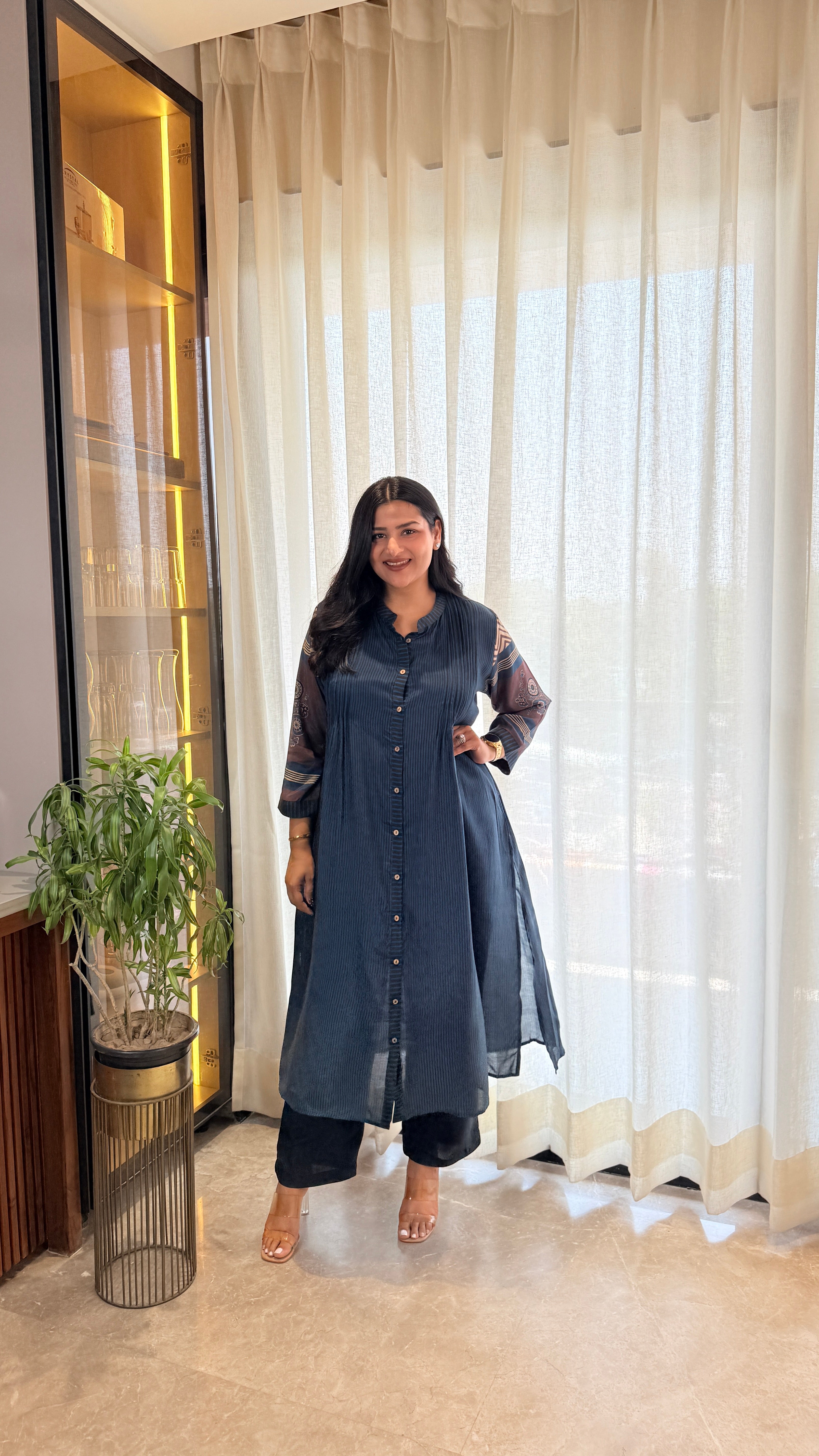 Dark Blue Stripes Pure Muslin Kurta Pants shrisa.in