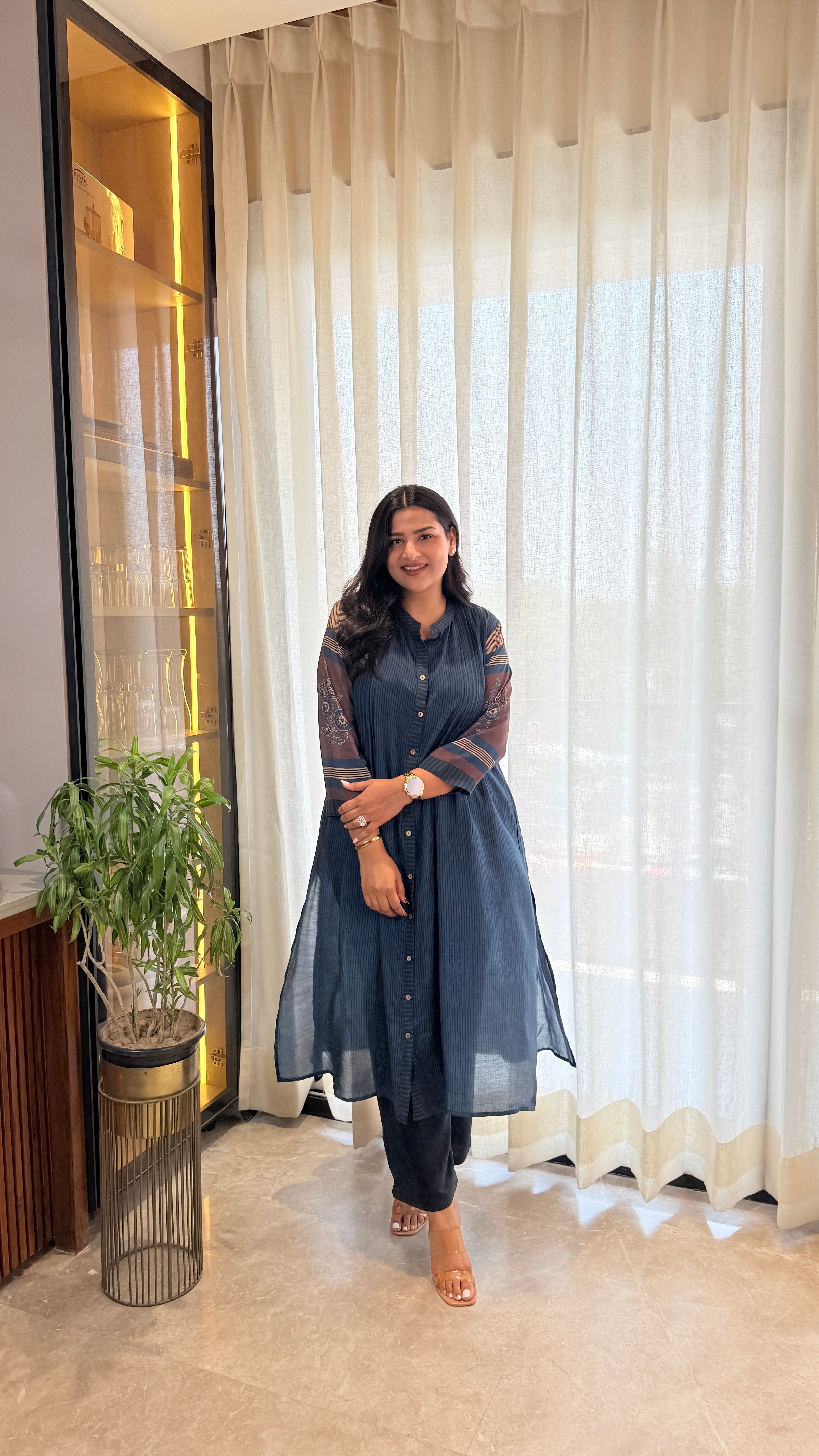 Dark Blue Stripes Pure Muslin Kurta Pants shrisa.in