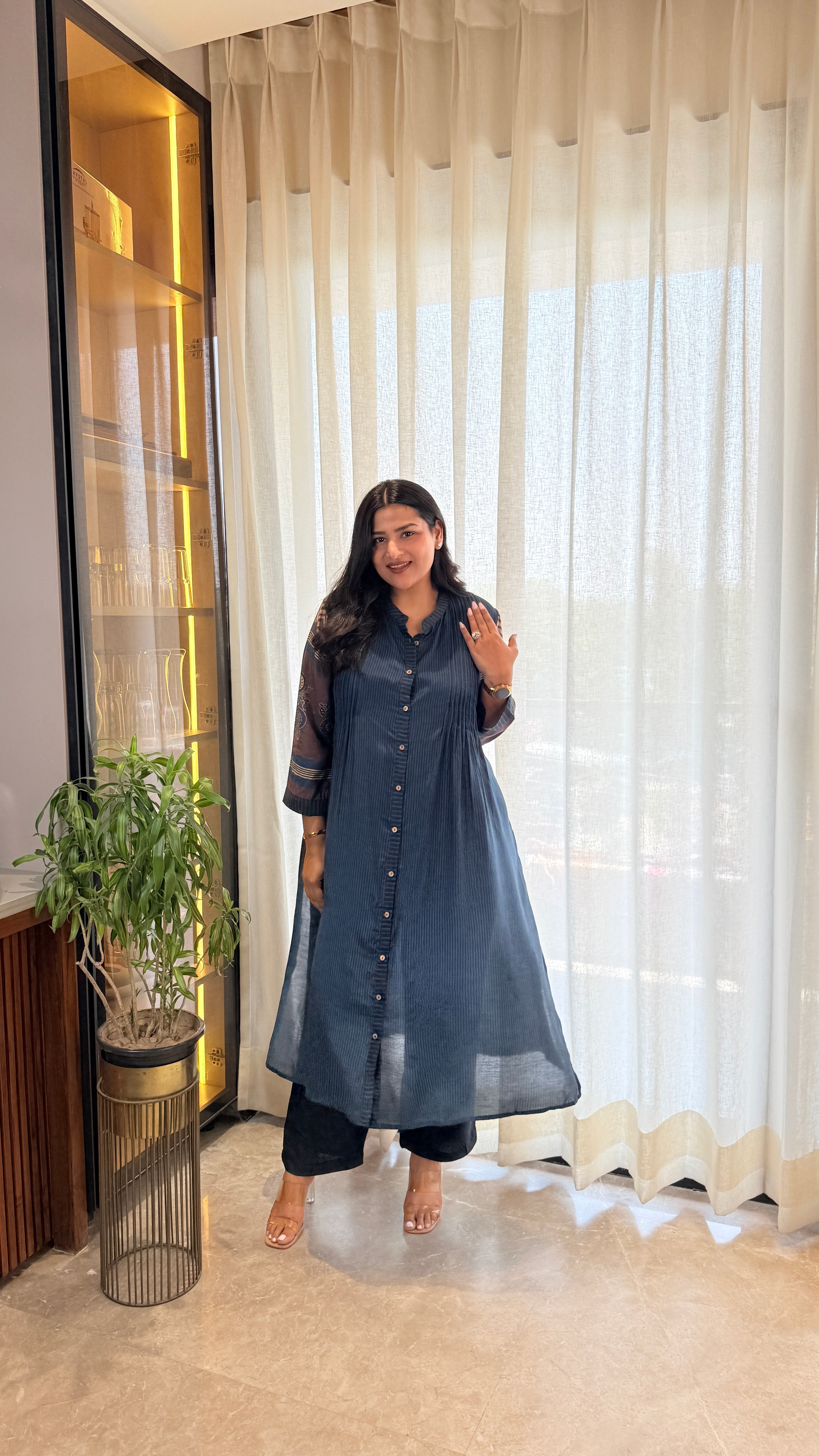 Dark Blue Stripes Pure Muslin Kurta Pants shrisa.in