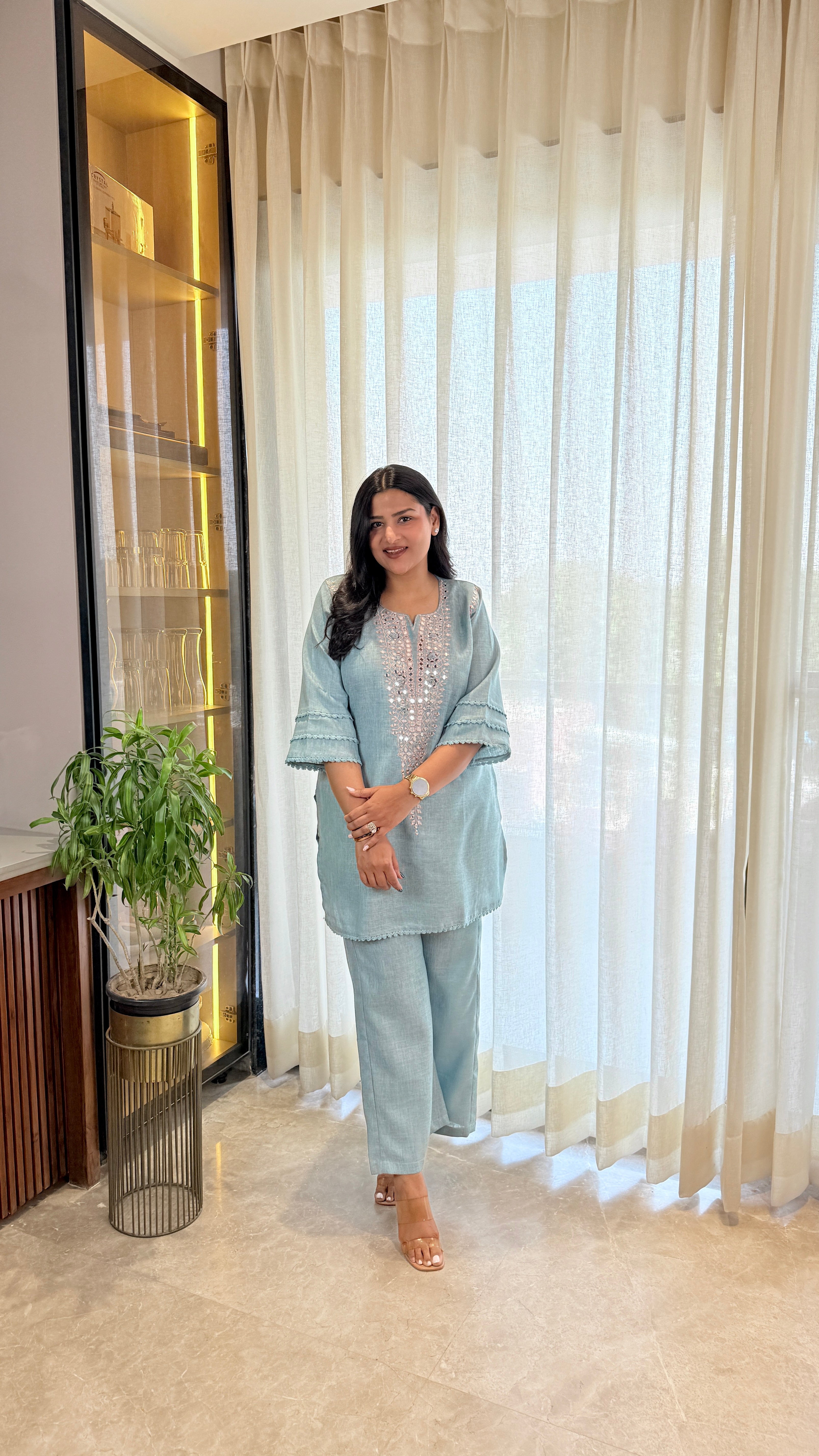Mirror Work Linen Blue Cord Set shrisa.in