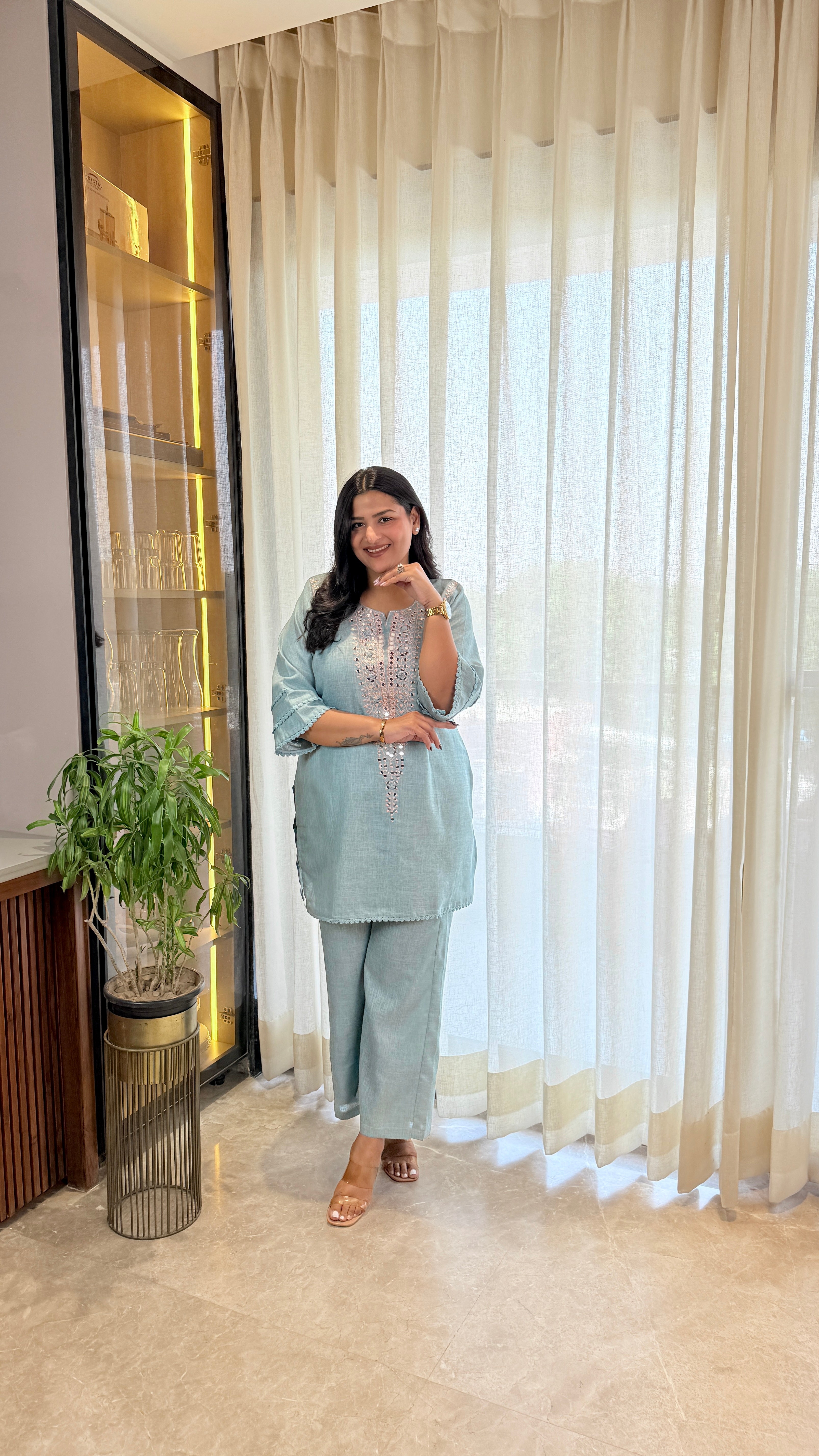 Mirror Work Linen Blue Cord Set shrisa.in