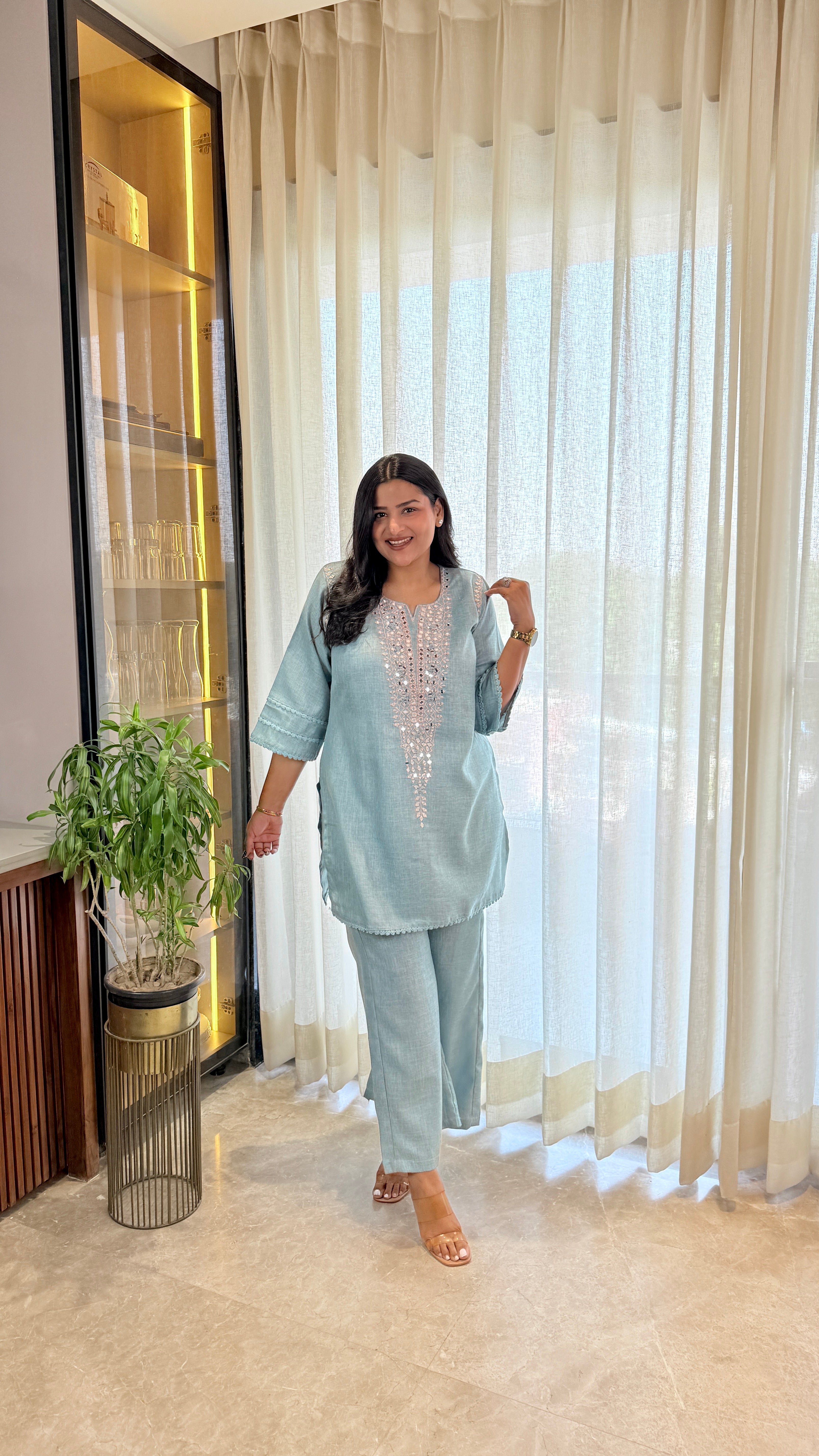 Mirror Work Linen Blue Cord Set shrisa.in