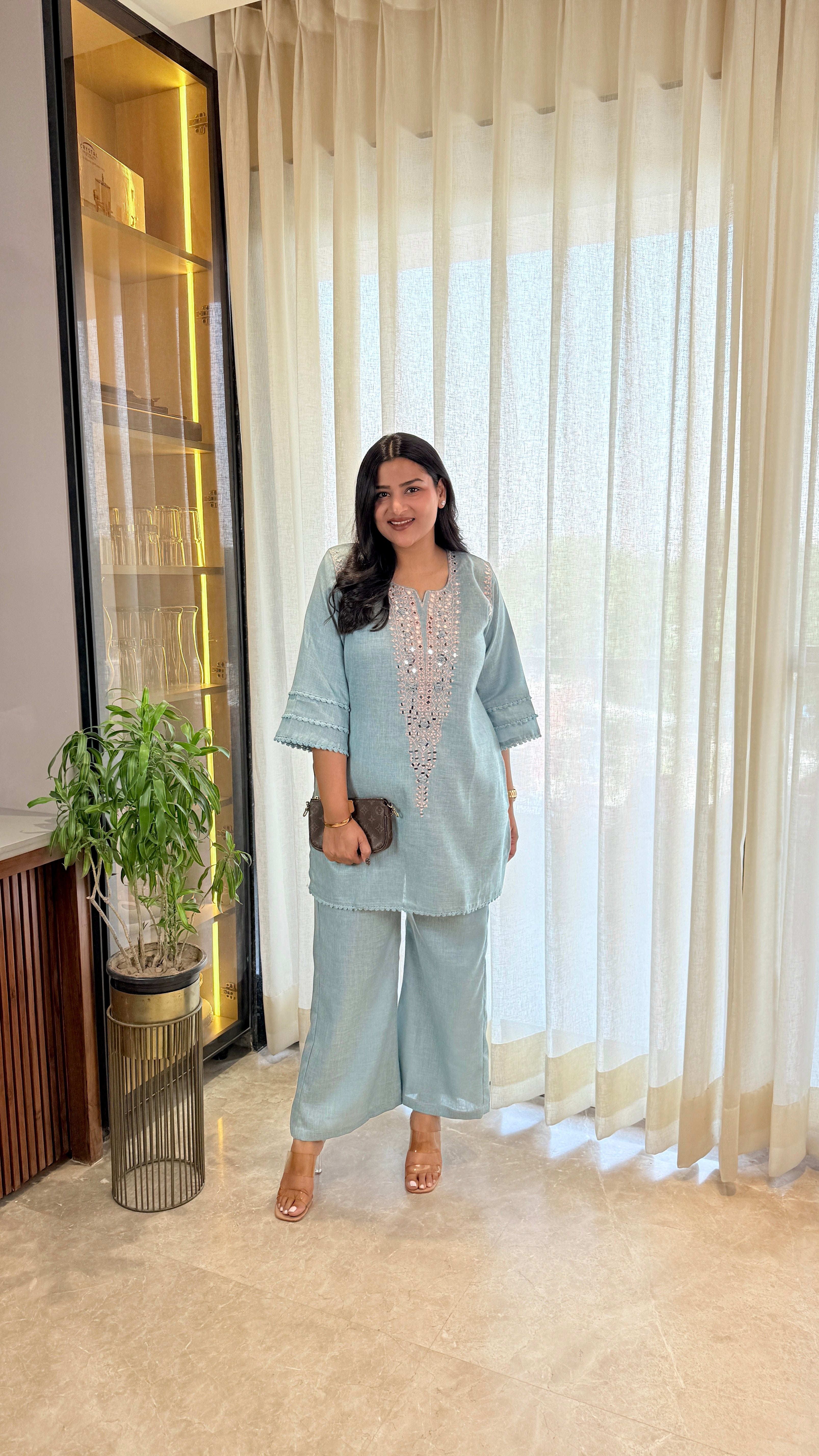 Mirror Work Linen Blue Cord Set shrisa.in