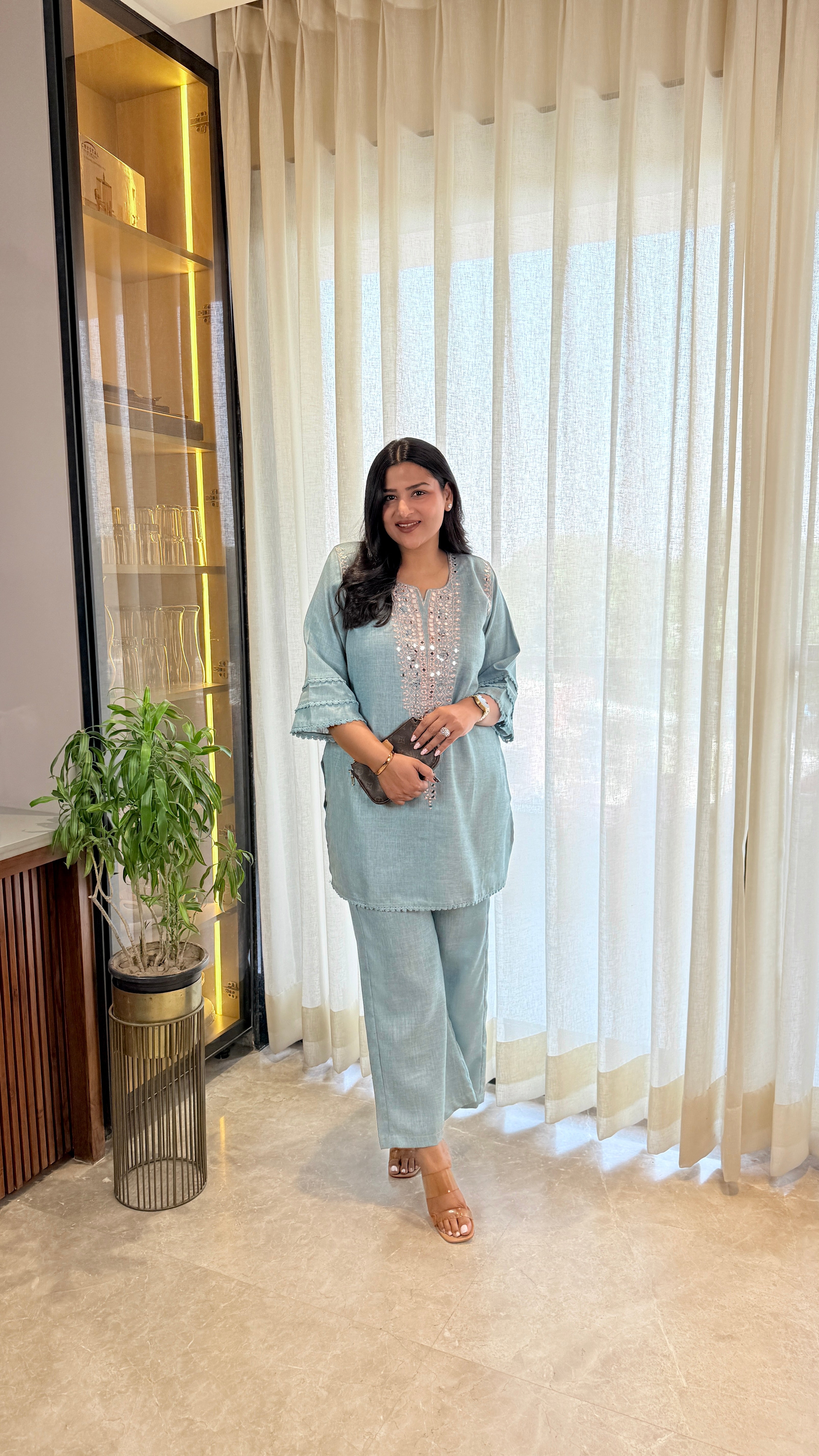 Mirror Work Linen Blue Cord Set shrisa.in