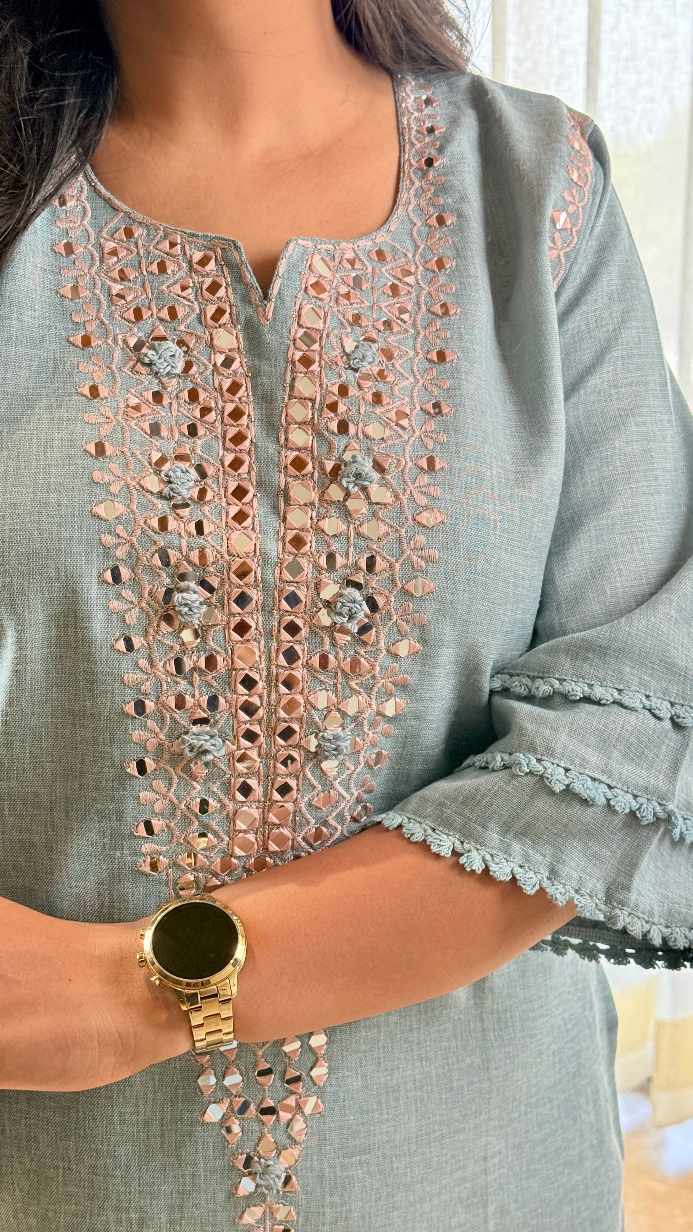 Mirror Work Linen Blue Cord Set shrisa.in
