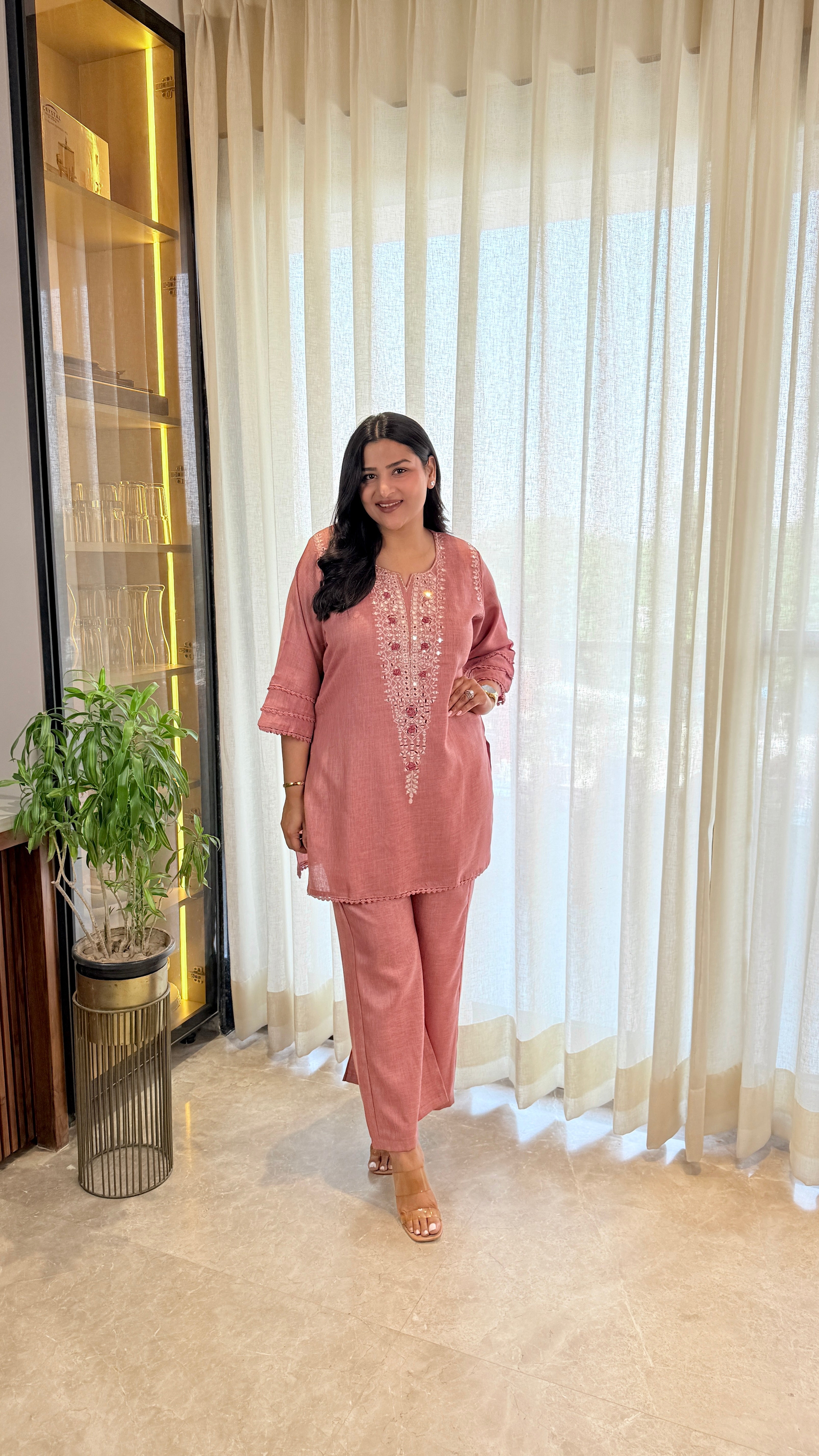 Mirror Work Linen Pink Cord Set shrisa.in