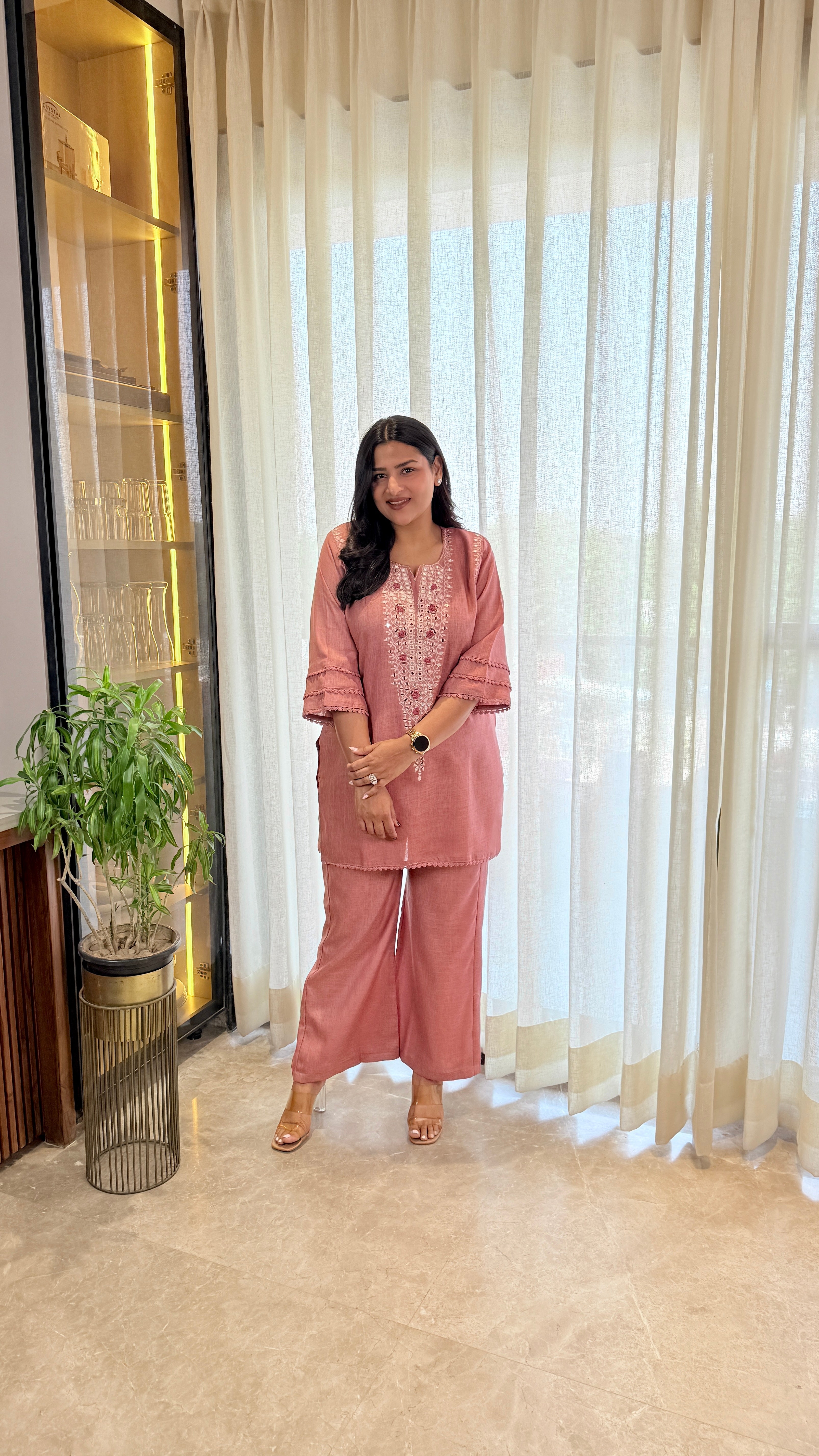 Mirror Work Linen Pink Cord Set shrisa.in