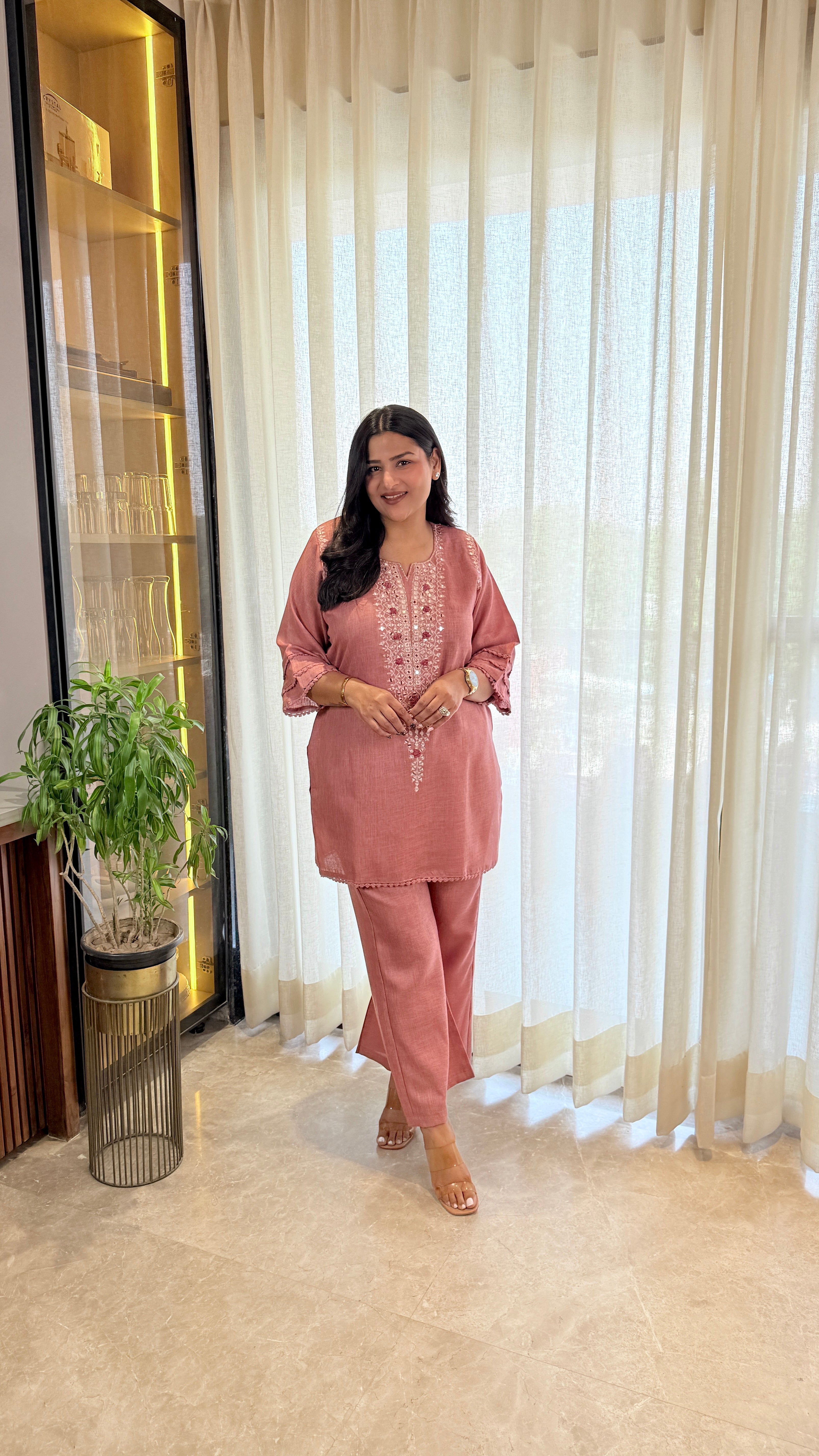 Mirror Work Linen Pink Cord Set shrisa.in