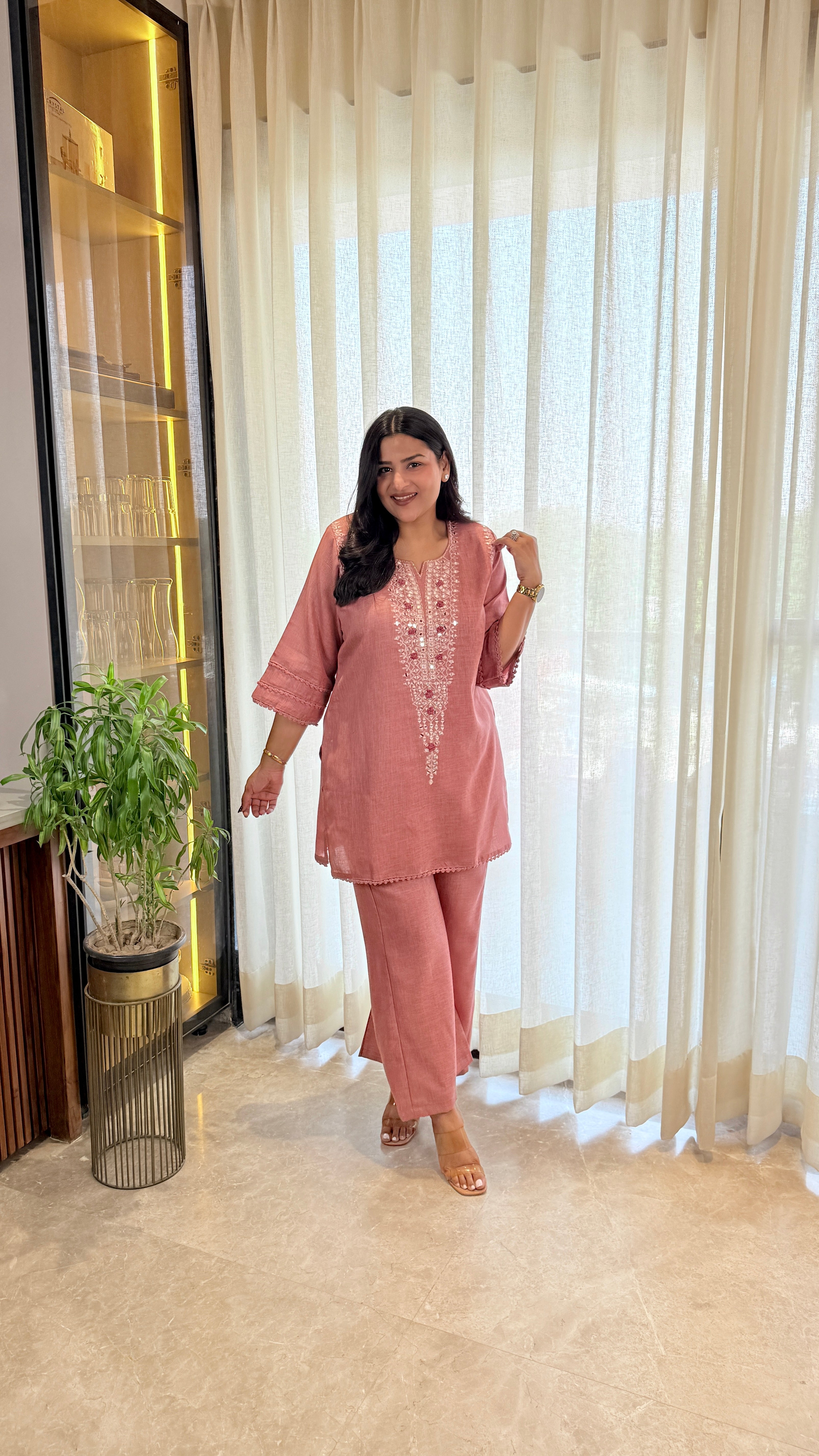 Mirror Work Linen Pink Cord Set shrisa.in