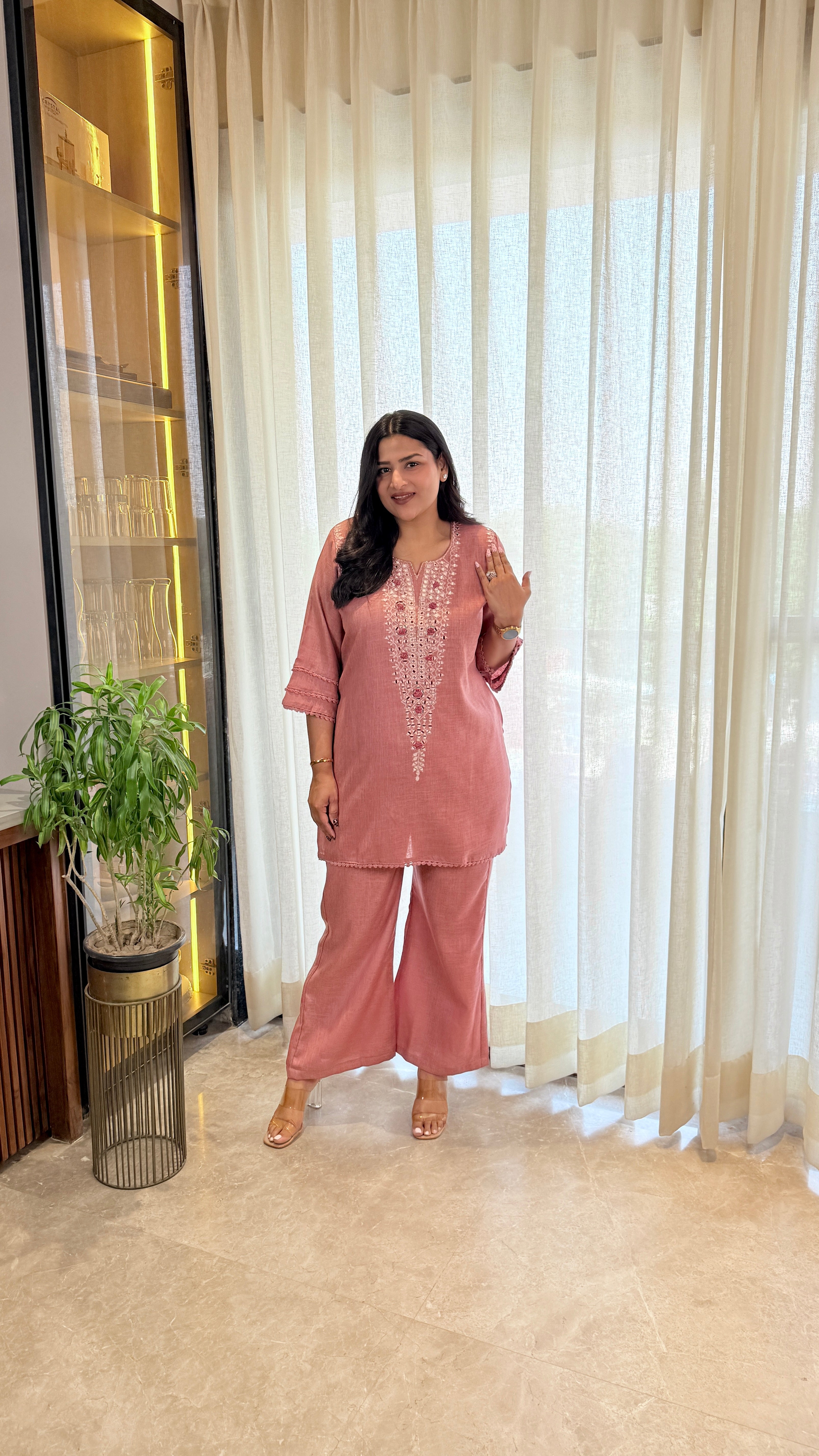 Mirror Work Linen Pink Cord Set shrisa.in