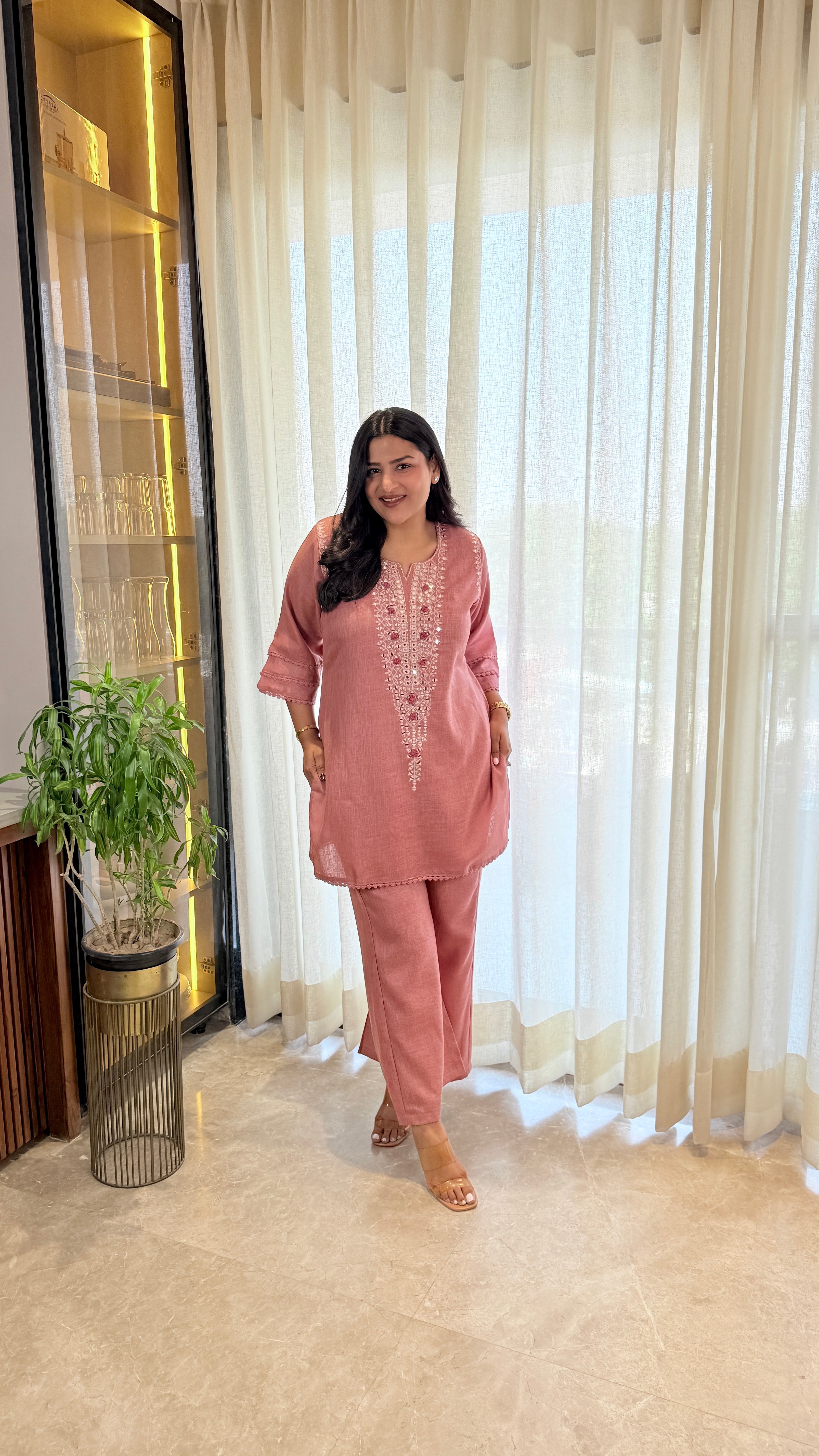 Mirror Work Linen Pink Cord Set shrisa.in